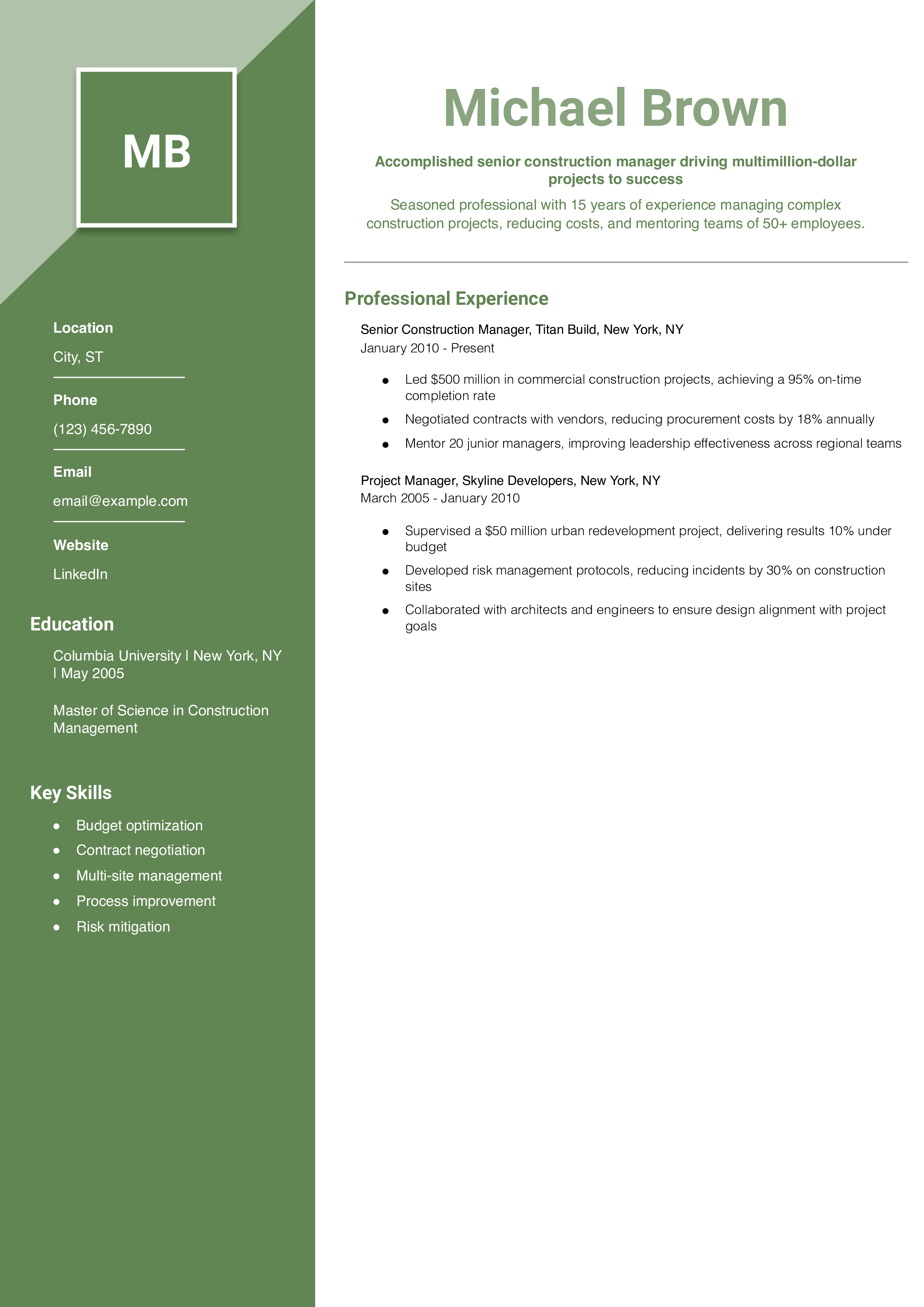 Senior Construction Manager Resume Example