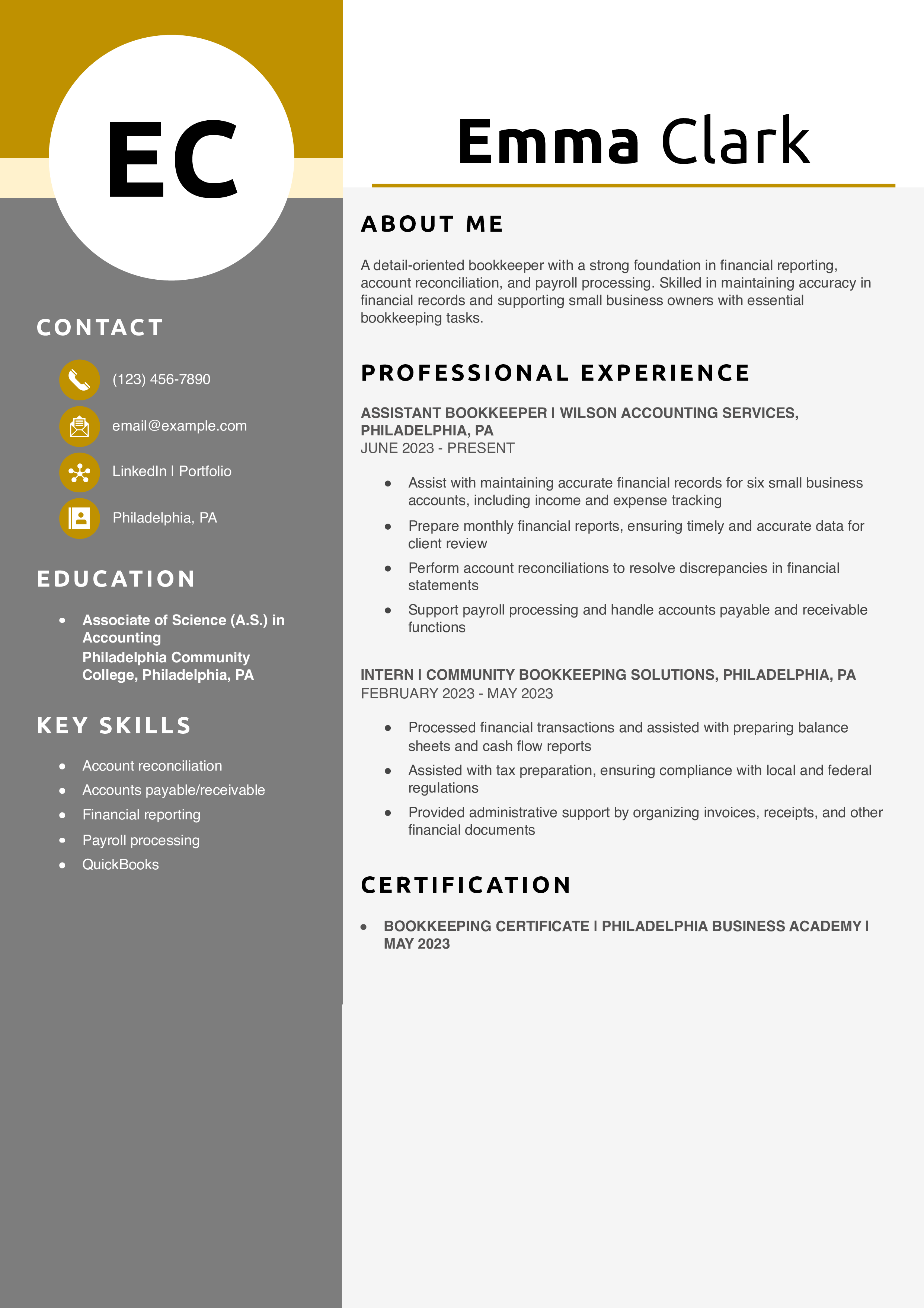 Beginner Bookkeeper Resume Example