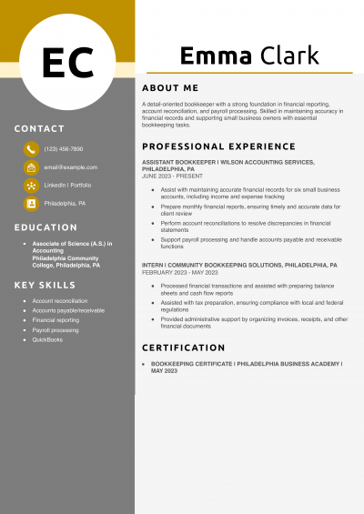 Beginner Bookkeeper Resume Example
