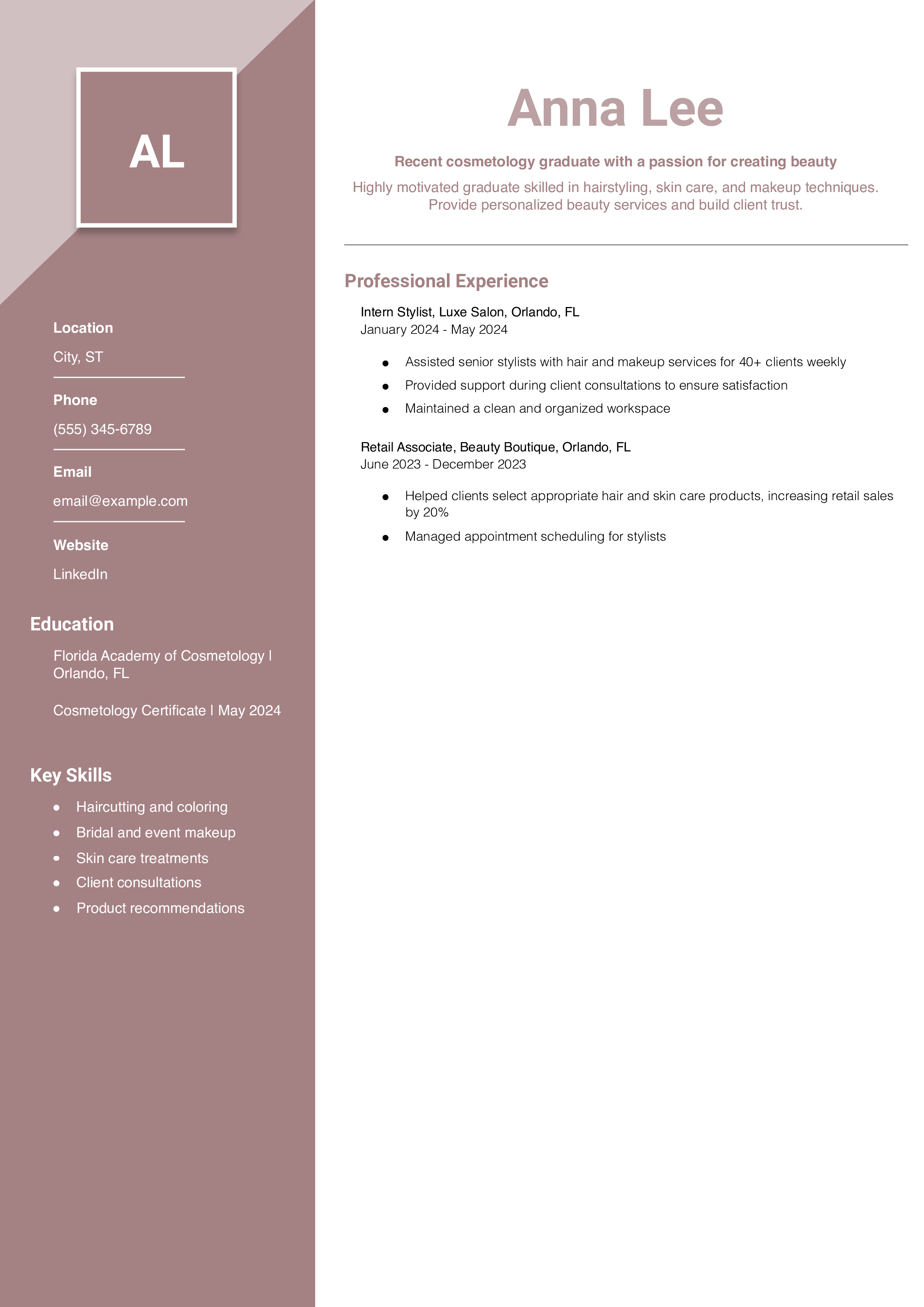 Cosmetology Graduate Resume Example