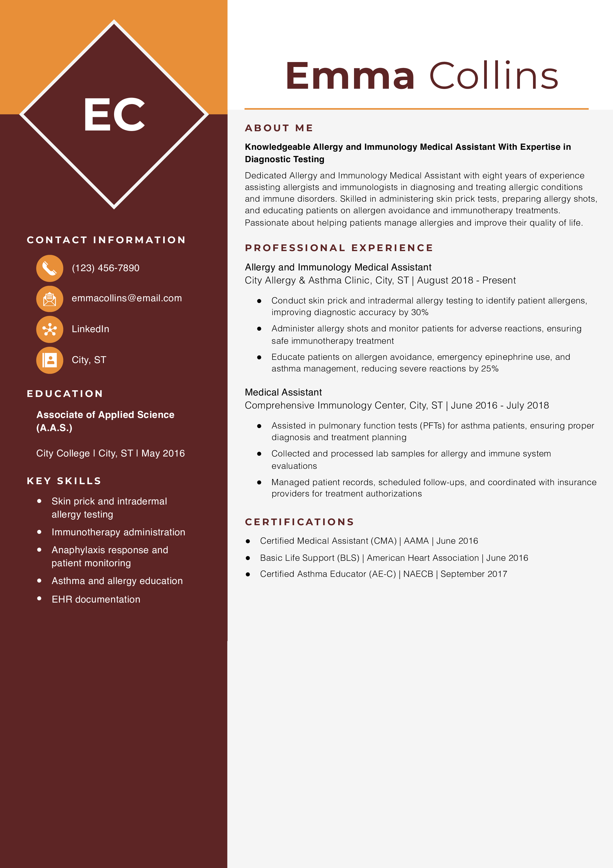 Allergy and Immunology Medical Assistant Resume Example