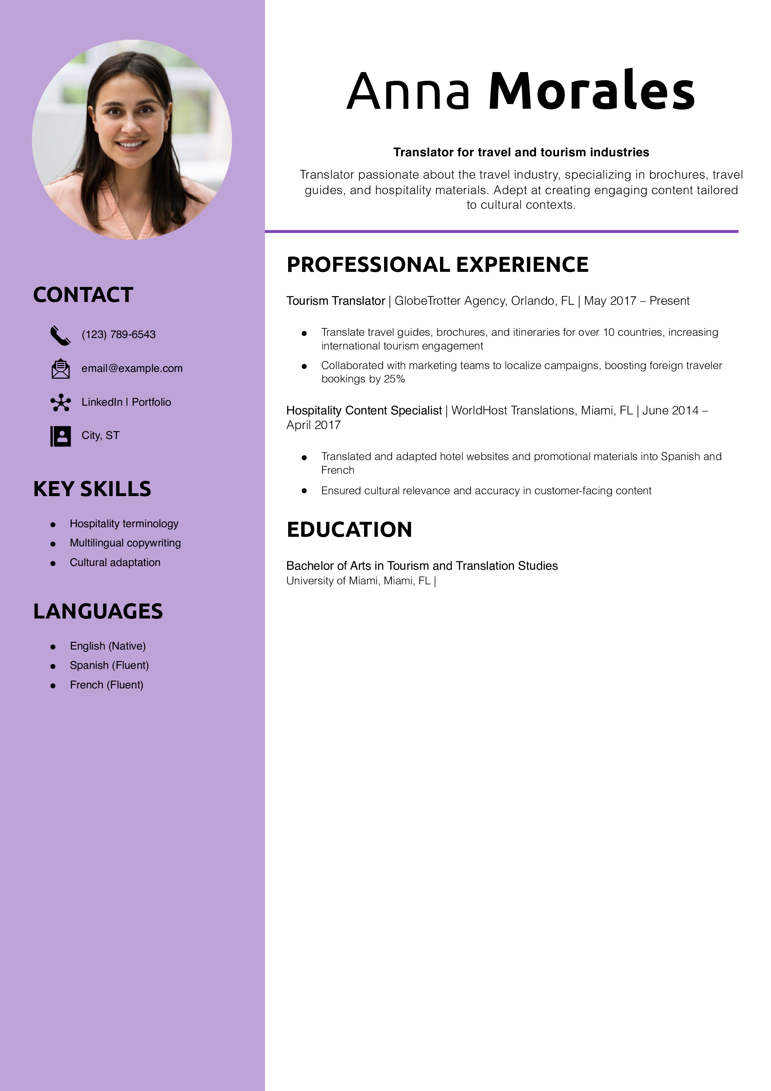 Travel and Tourism Translator Resume Example