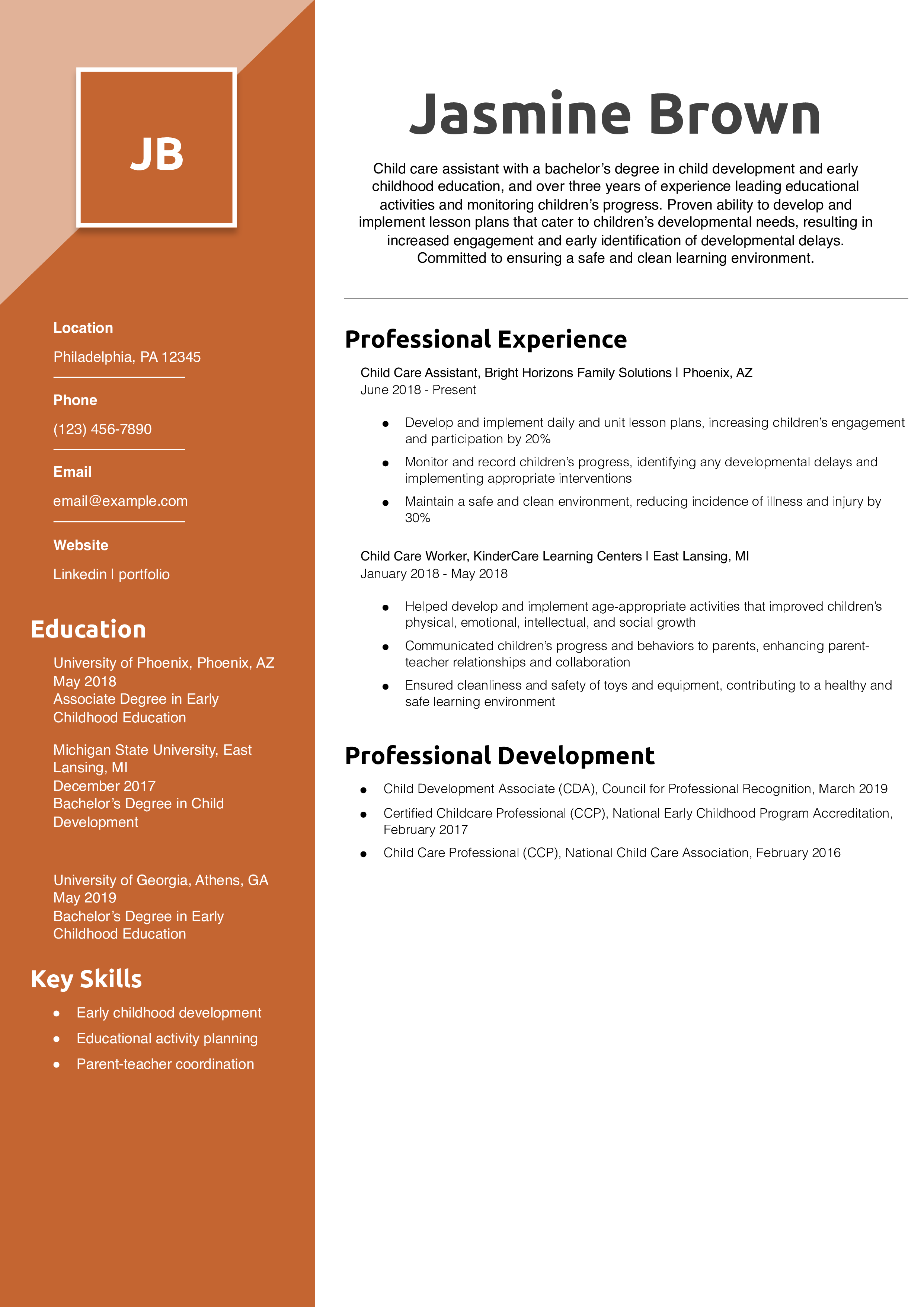 Child Care Assistant Resume Example