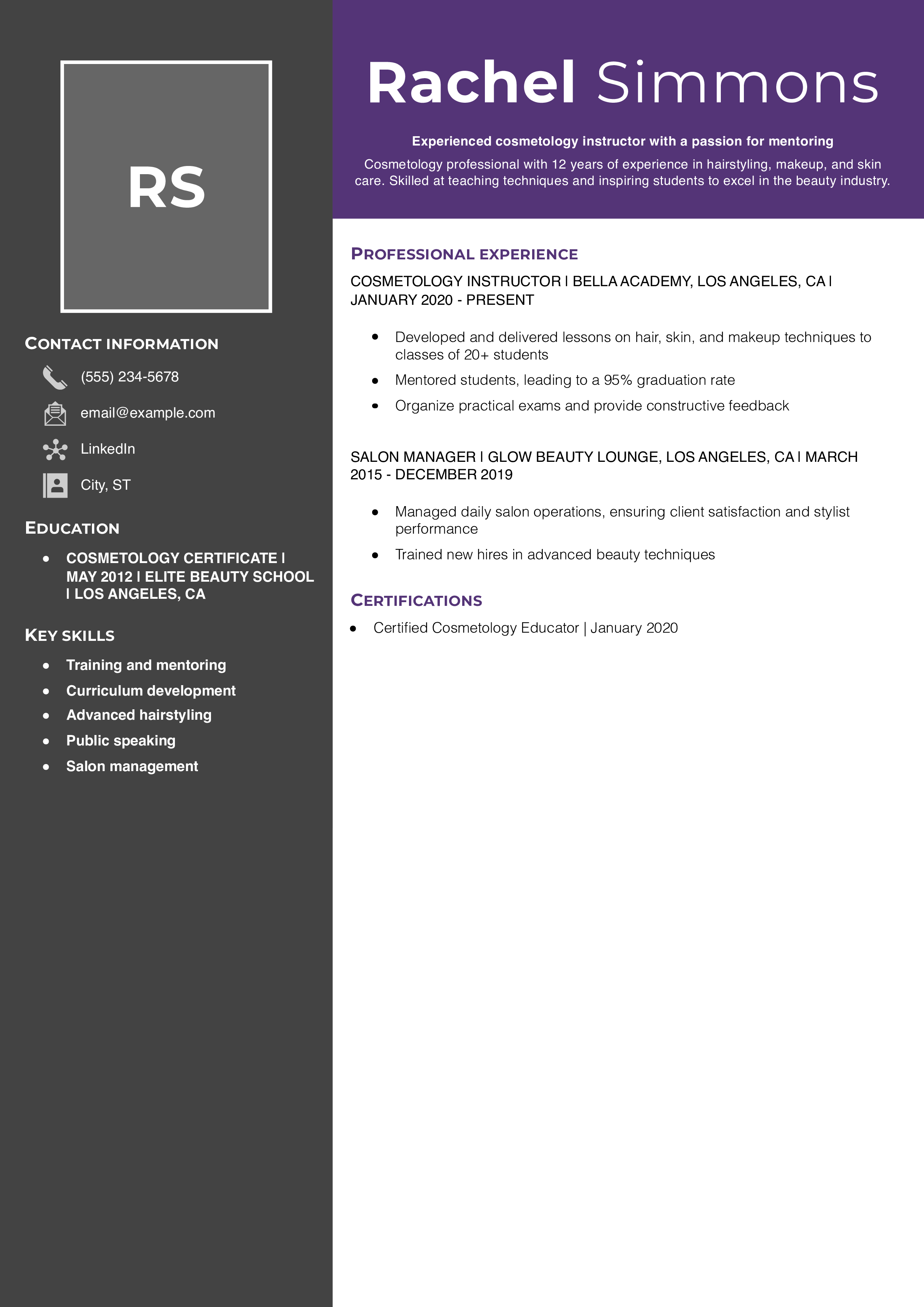 Senior Cosmetology Instructor Resume Example