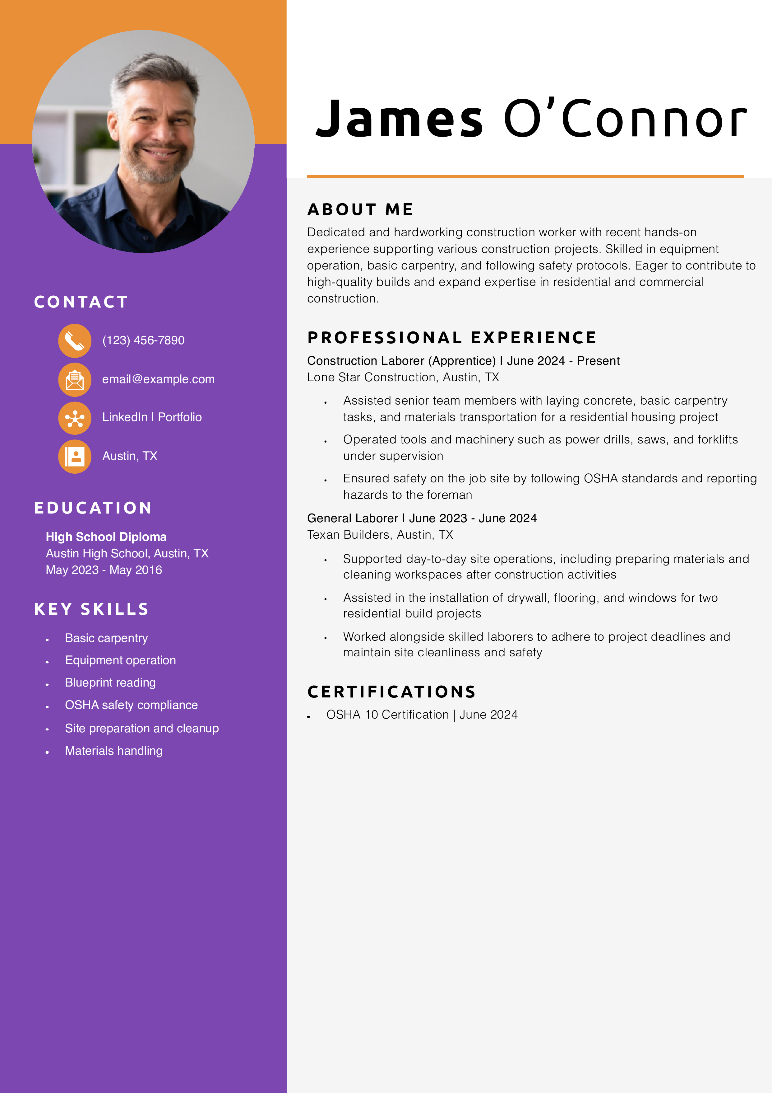 Entry-Level Construction Worker Resume Example