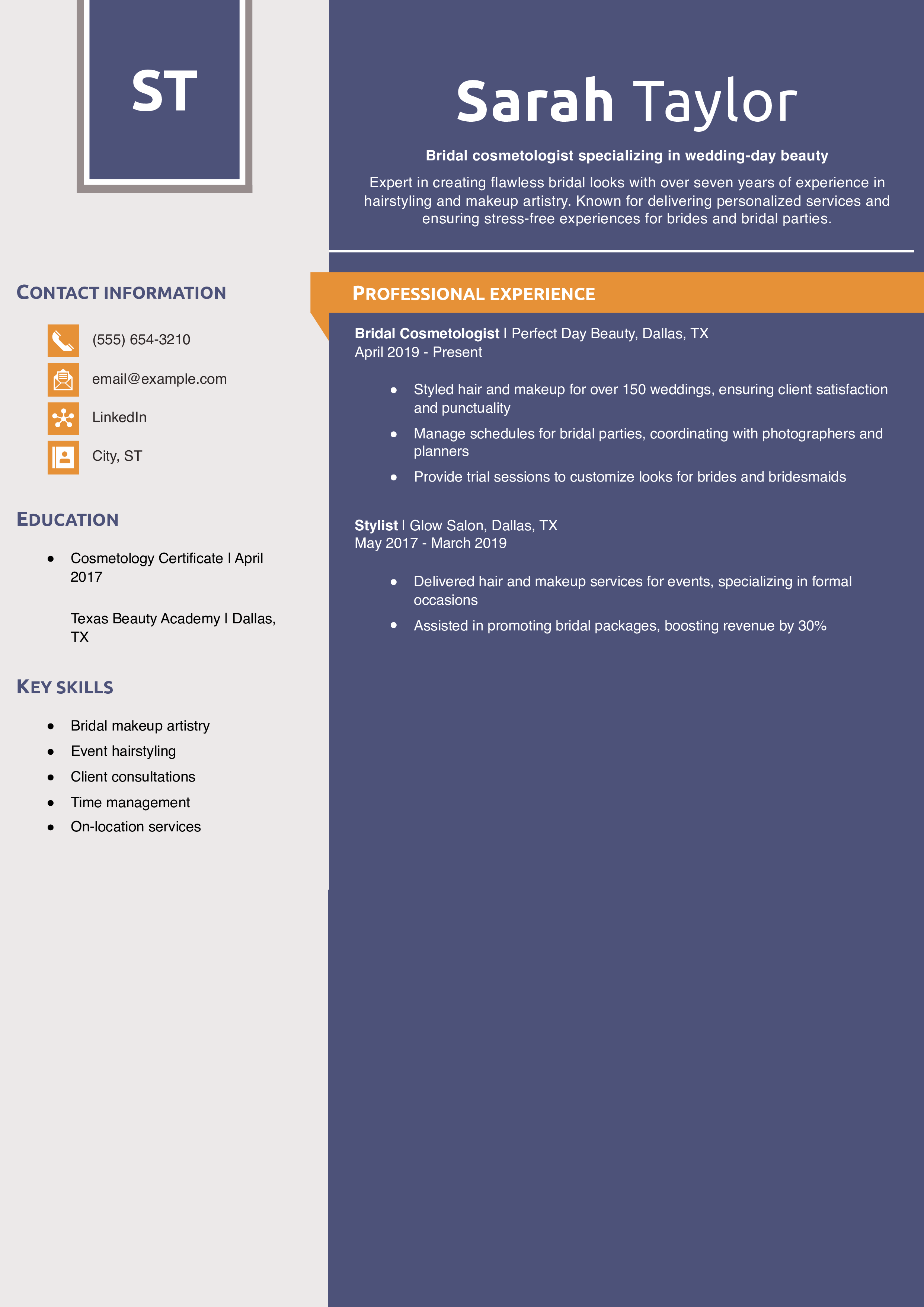 Bridal Cosmetologist Resume Example