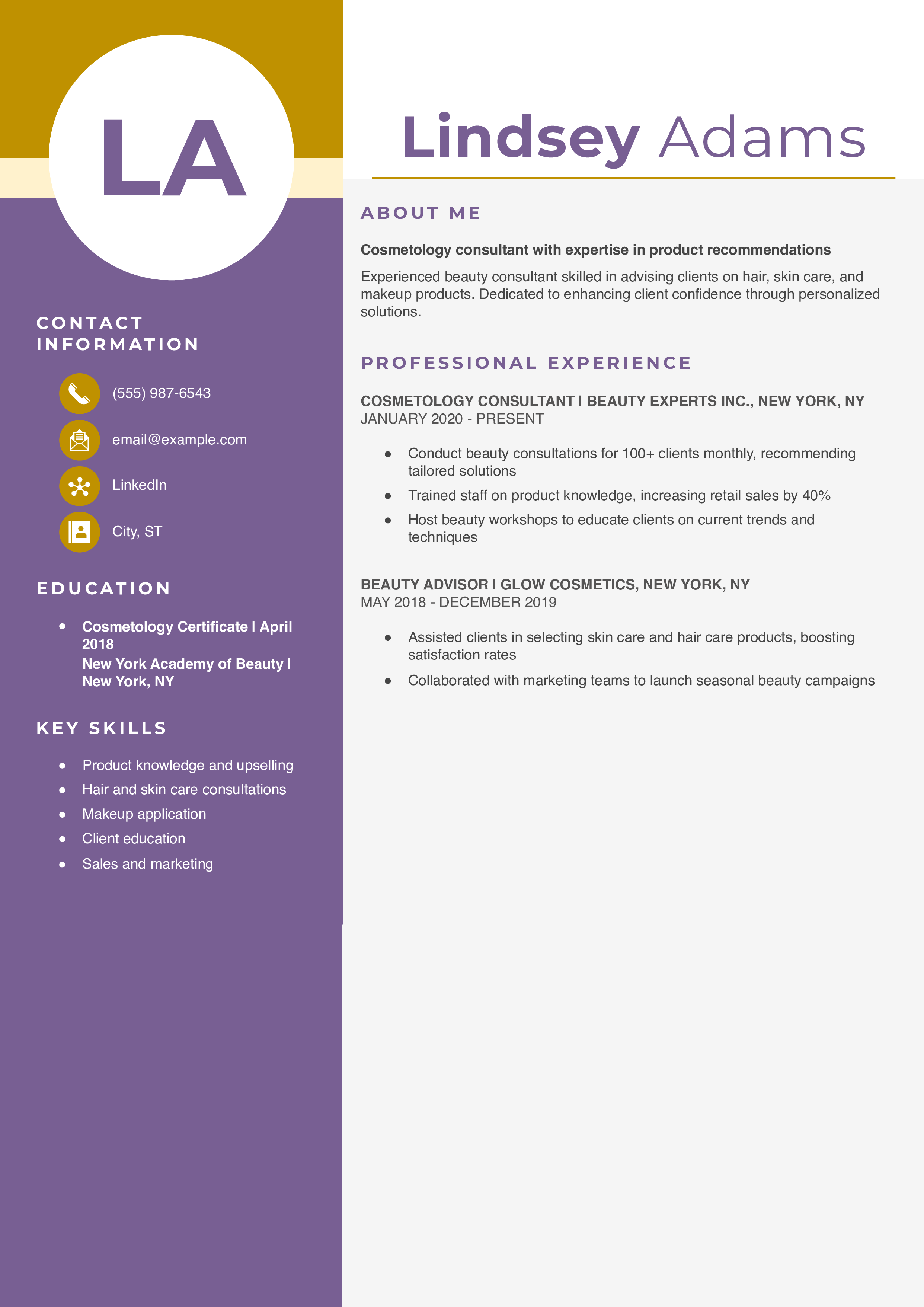 Cosmetology Consultant Resume Example