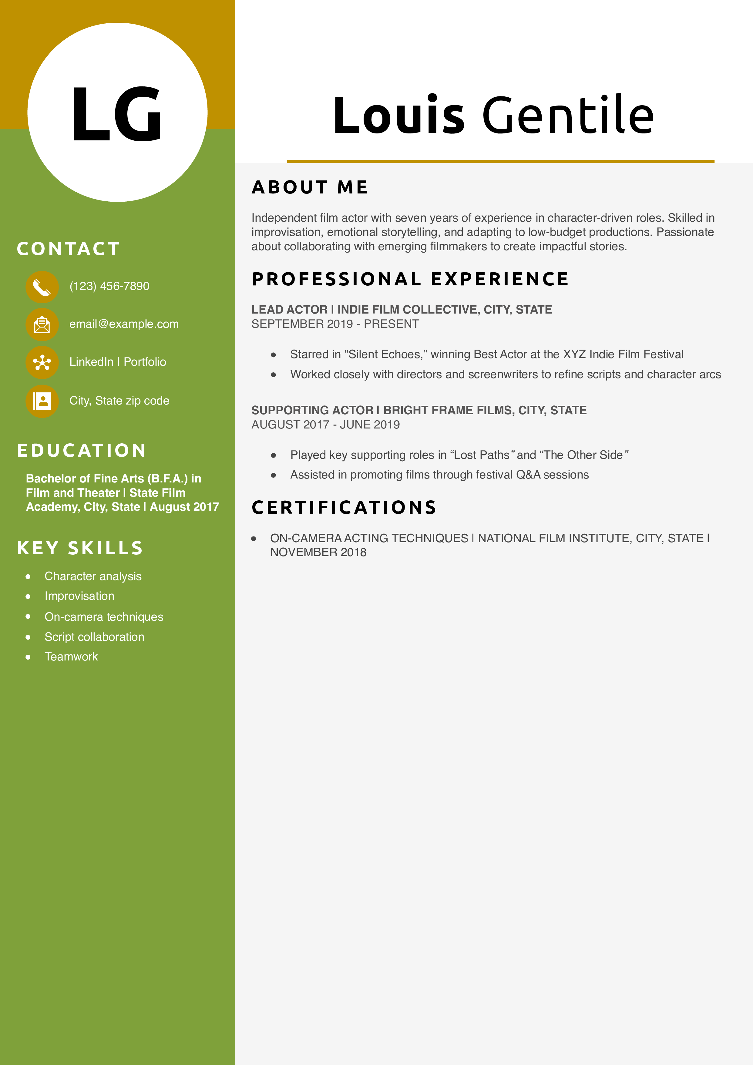 Independent Film Actor Resume Example