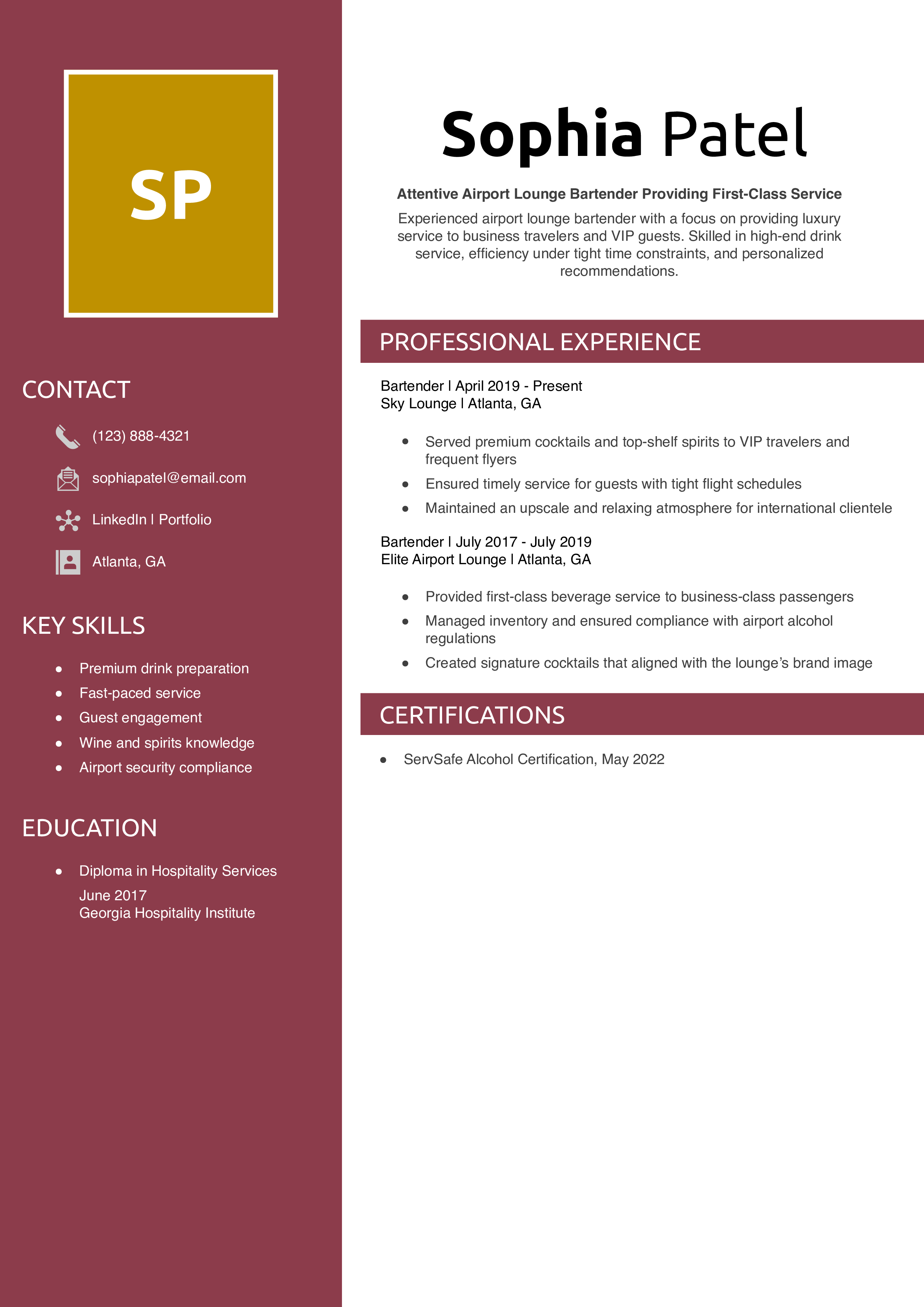 Airport Lounge Bartender Resume Example