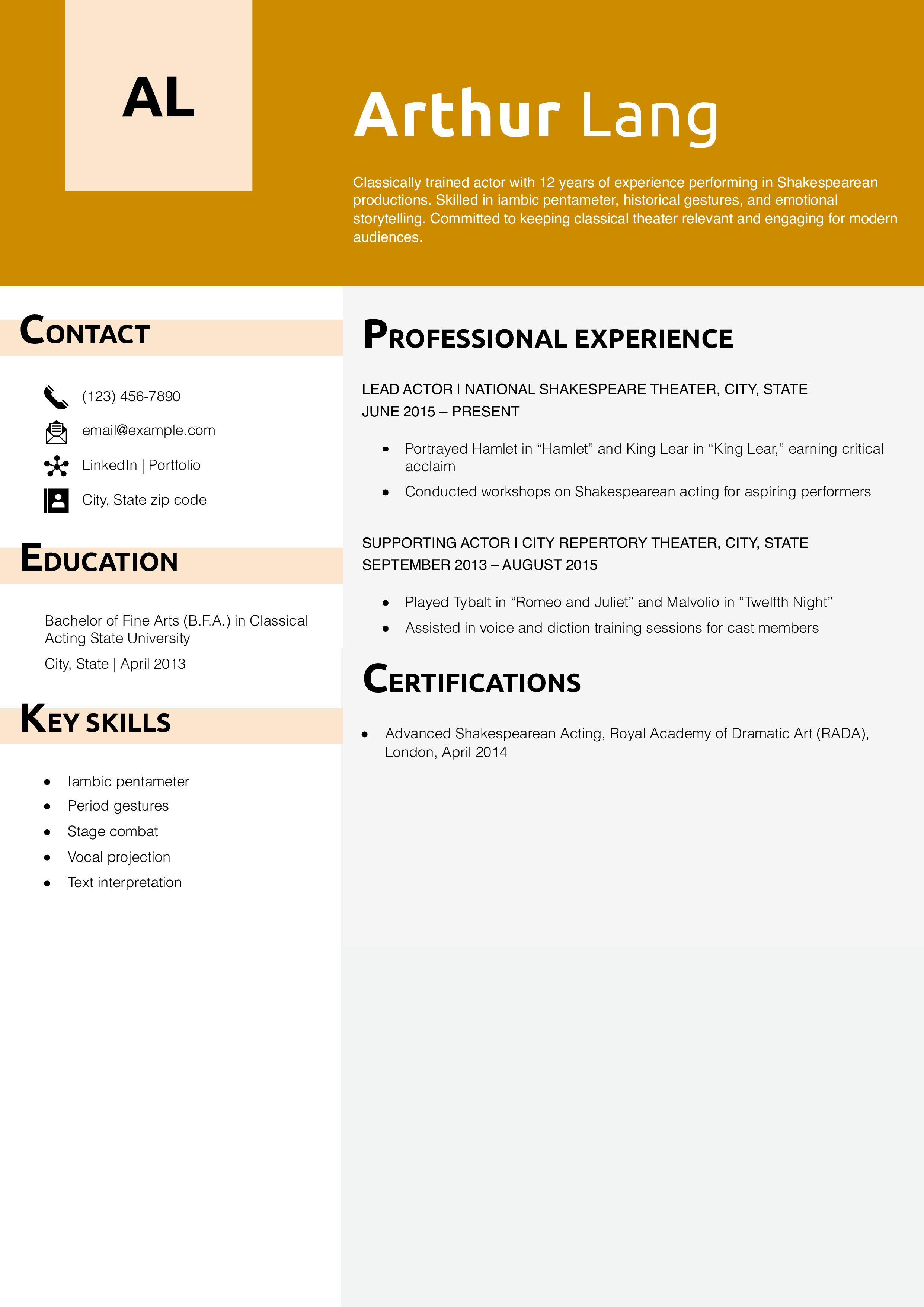 Shakespearean Stage Actor Resume Example