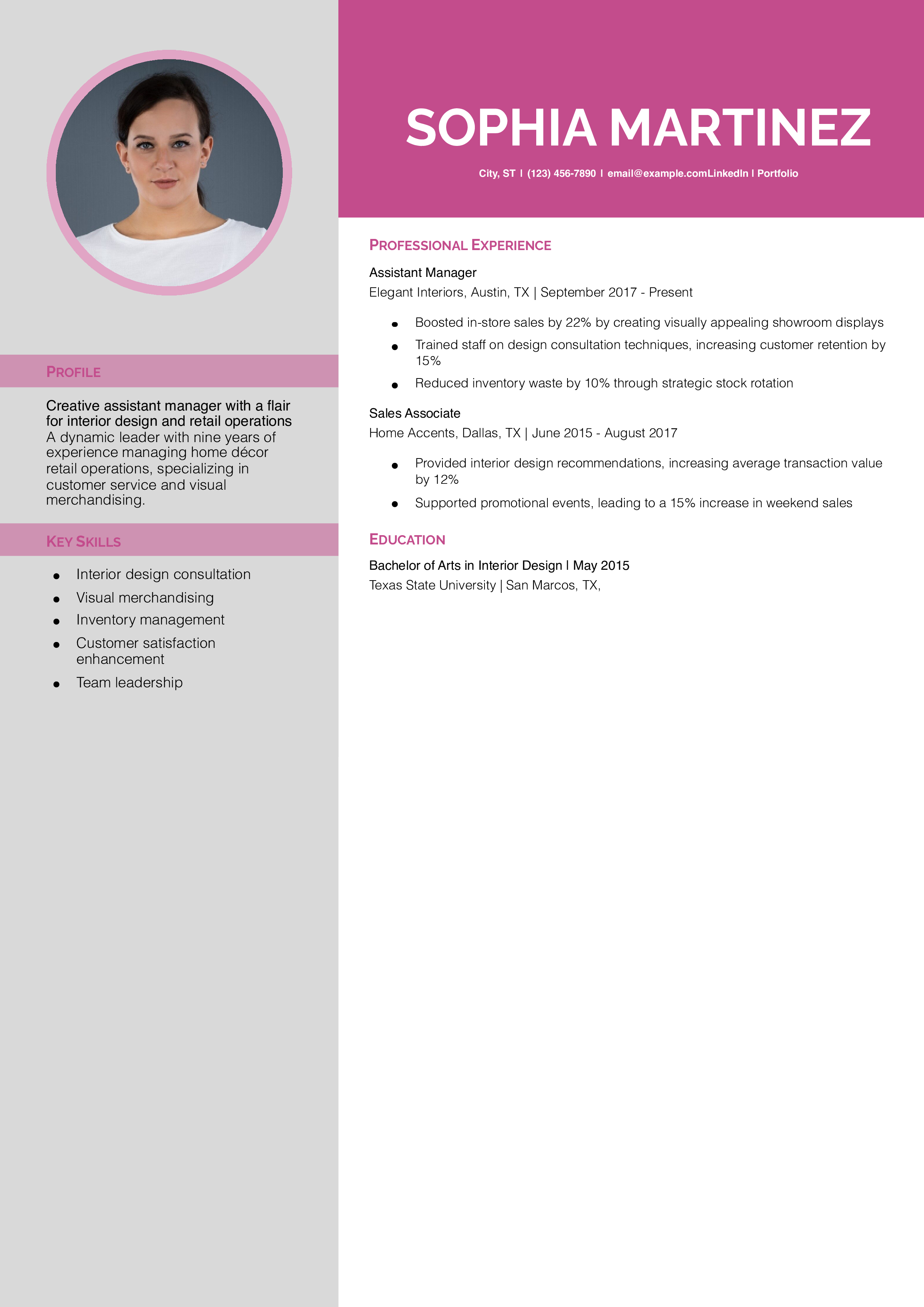 Home Décor Store Assistant Manager Resume Example