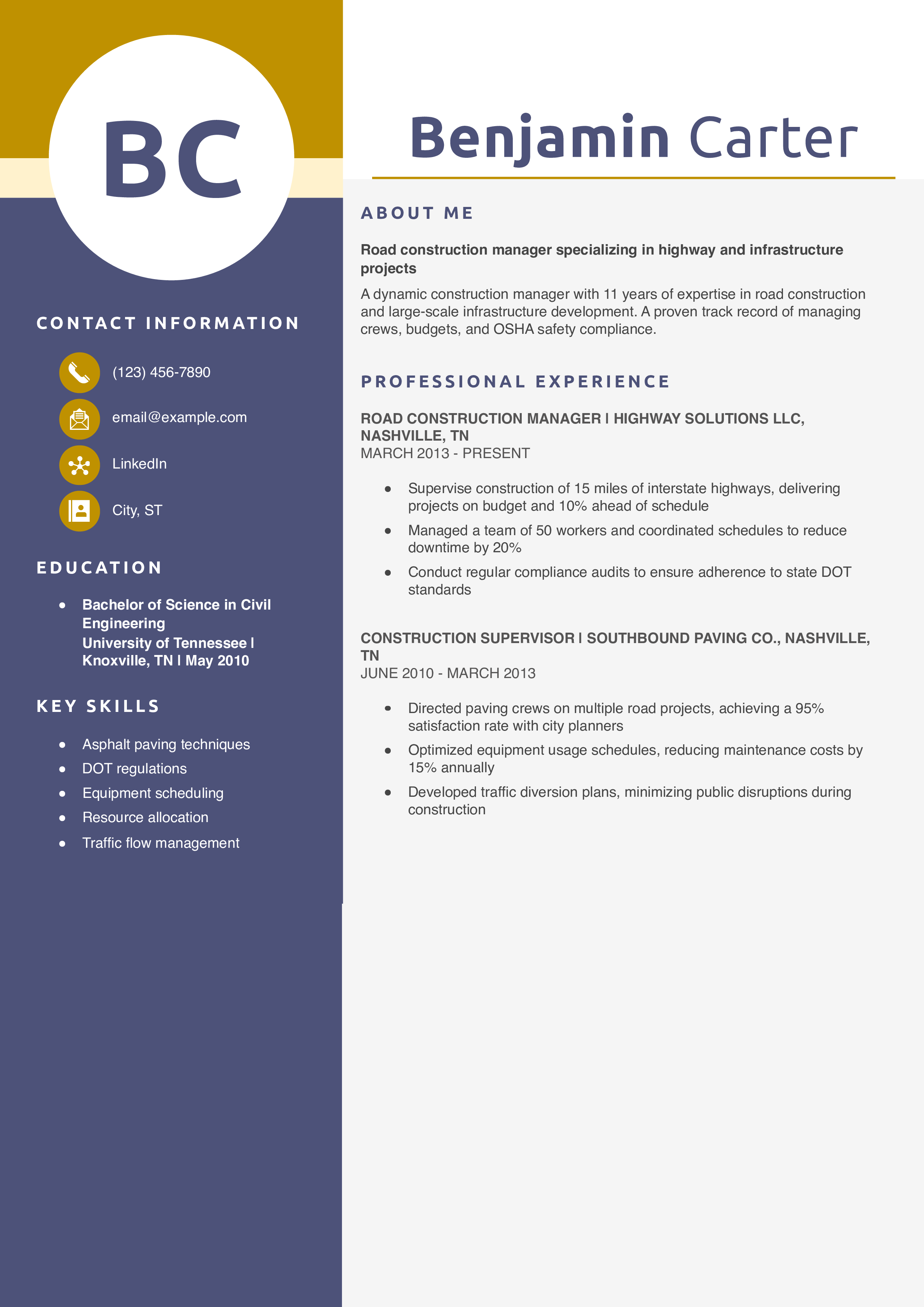 Road Construction Manager Resume Example