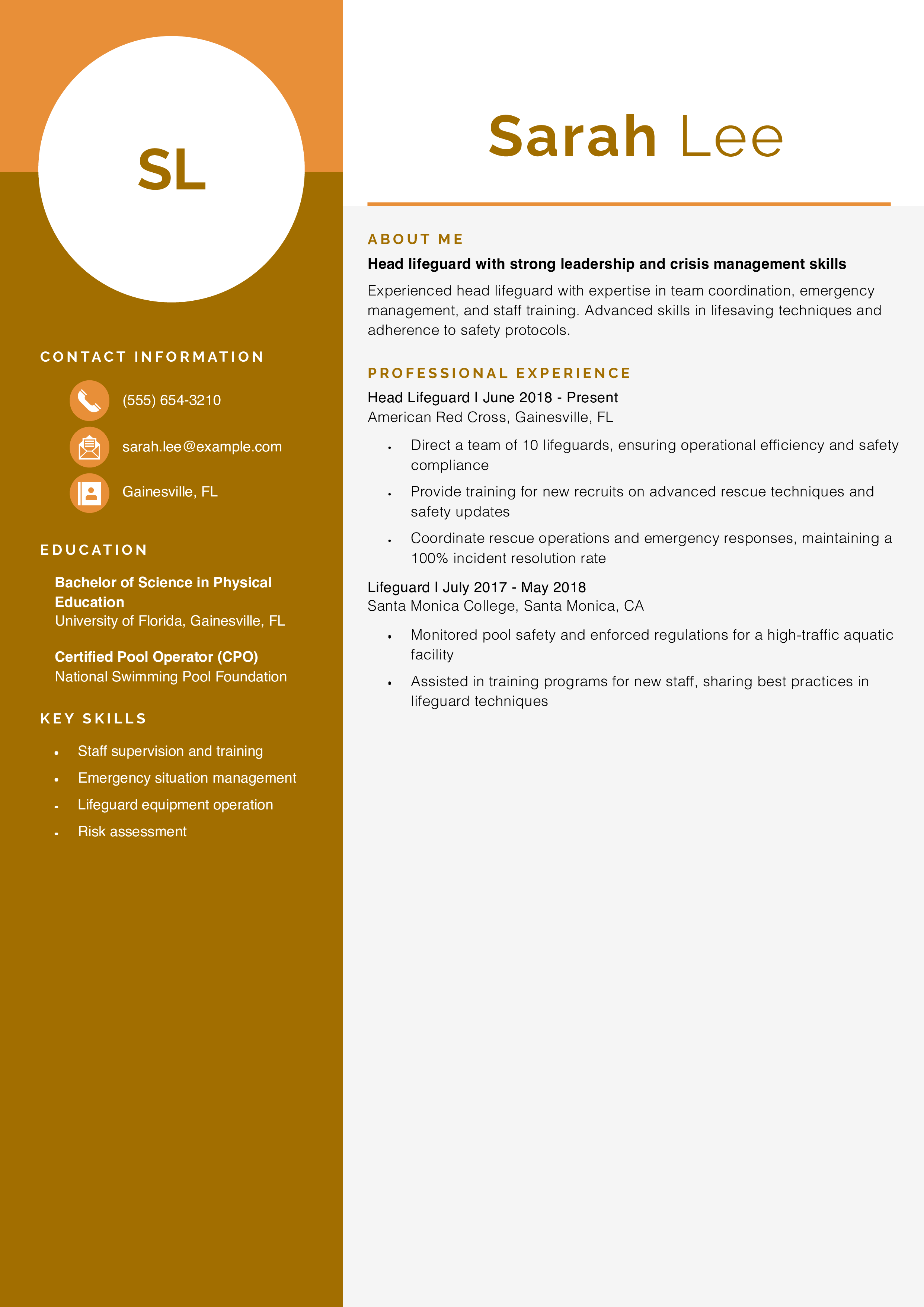 Head Lifeguard Resume Example