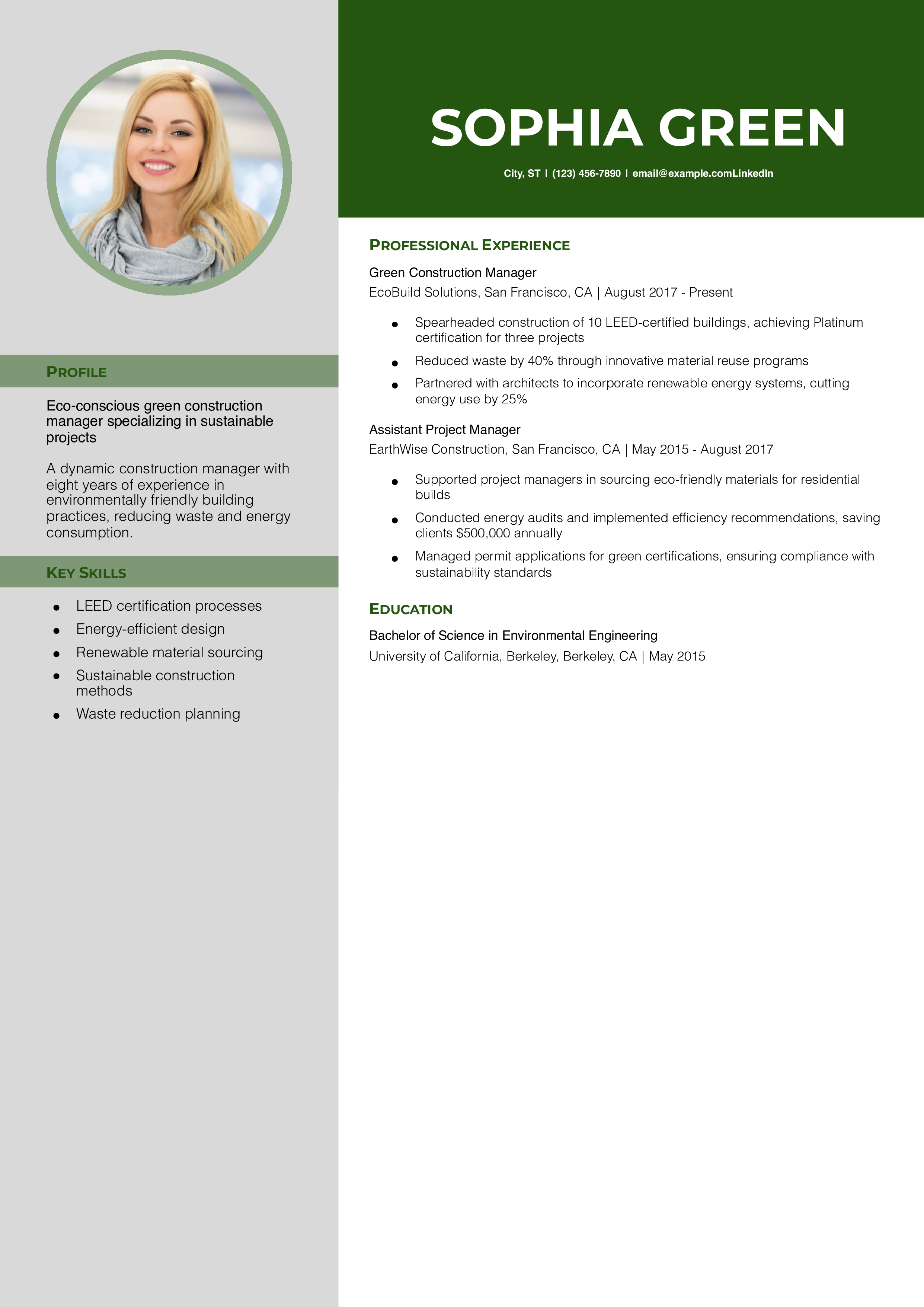 Green Construction Manager Resume Example