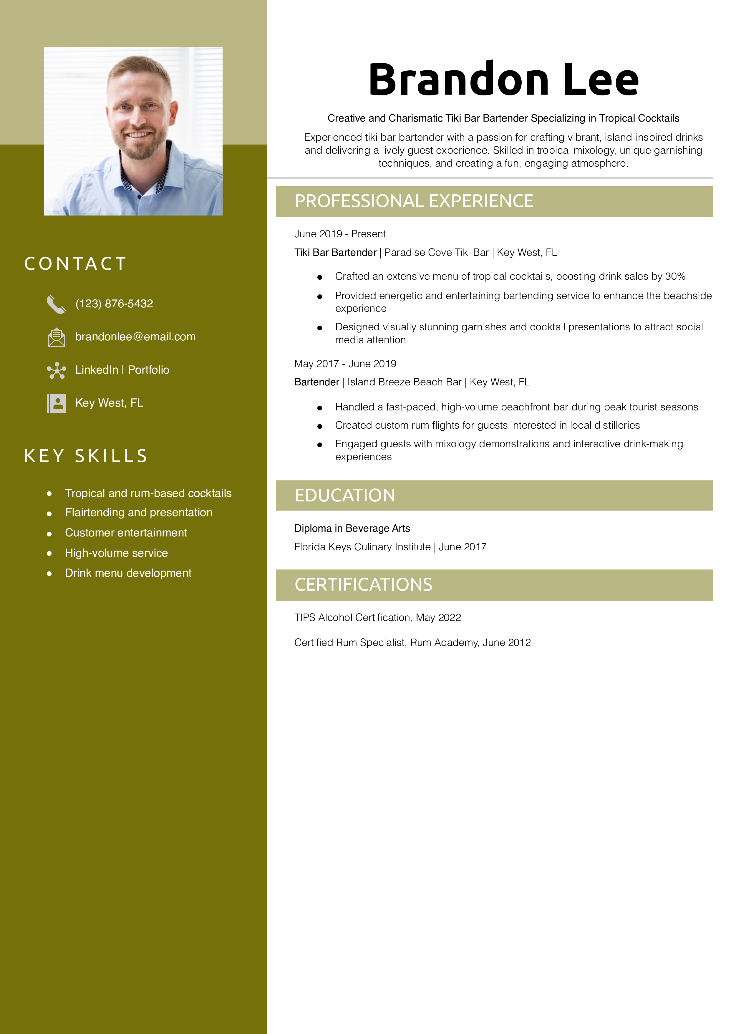 Tiki Bar Bartender Resume Example