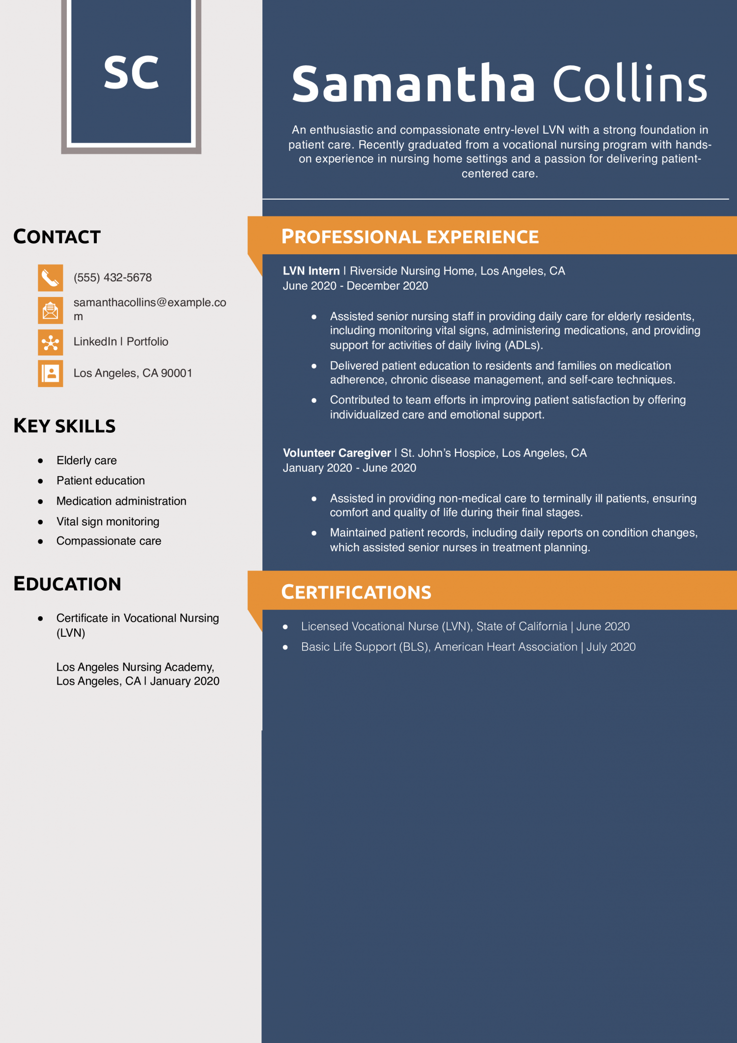 Entry-Level LVN Resume Example