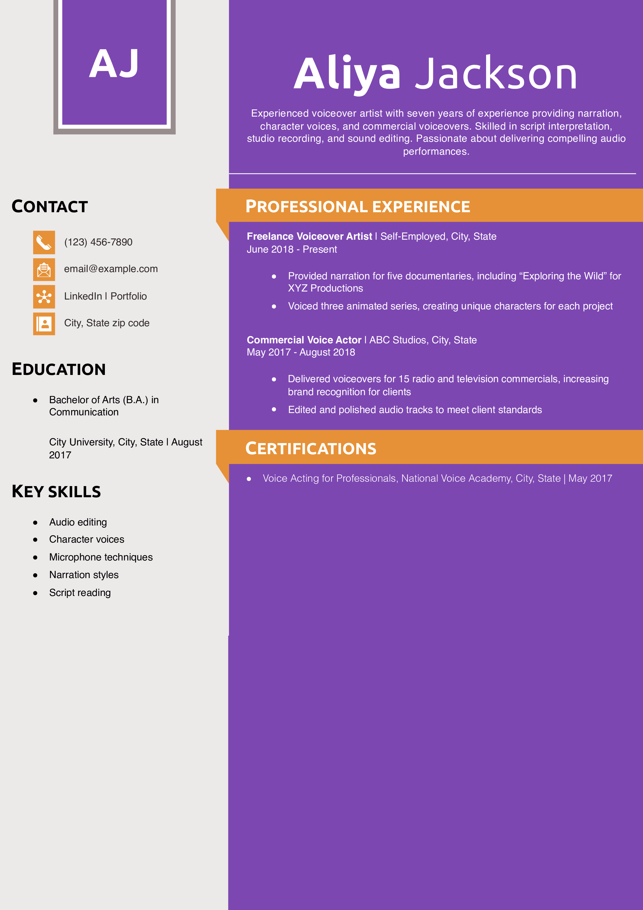 Professional Voiceover Acting Resume Example