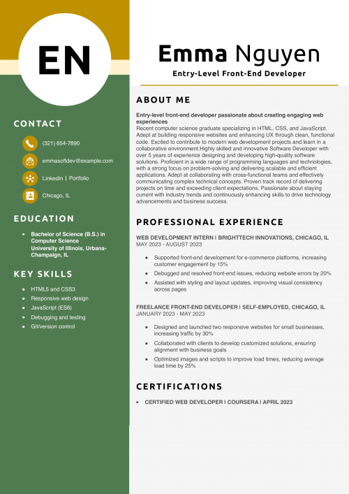 Entry-Level Front-End Developer Resume Example