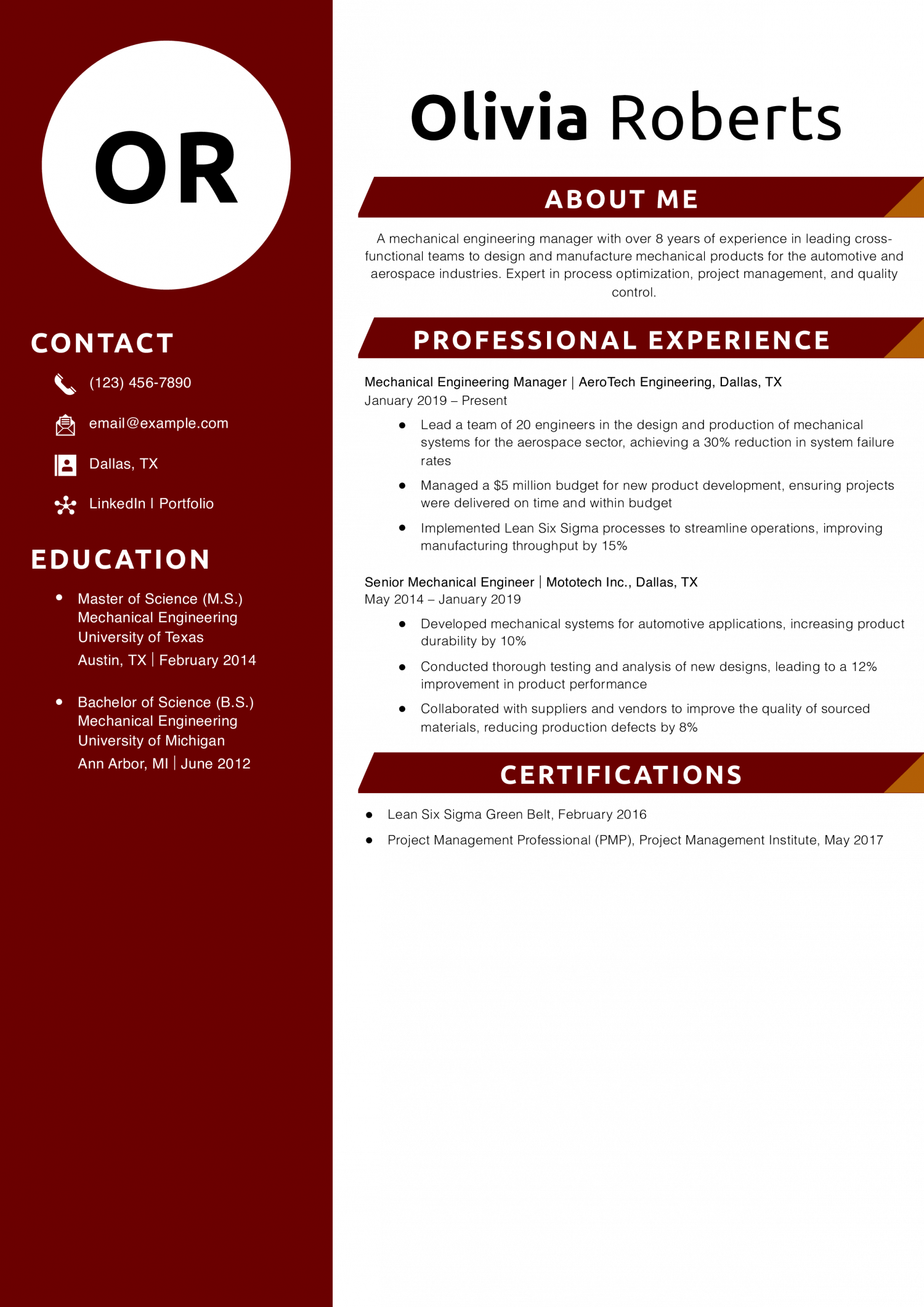 Product Design Mechanical Engineering Manager Resume Example