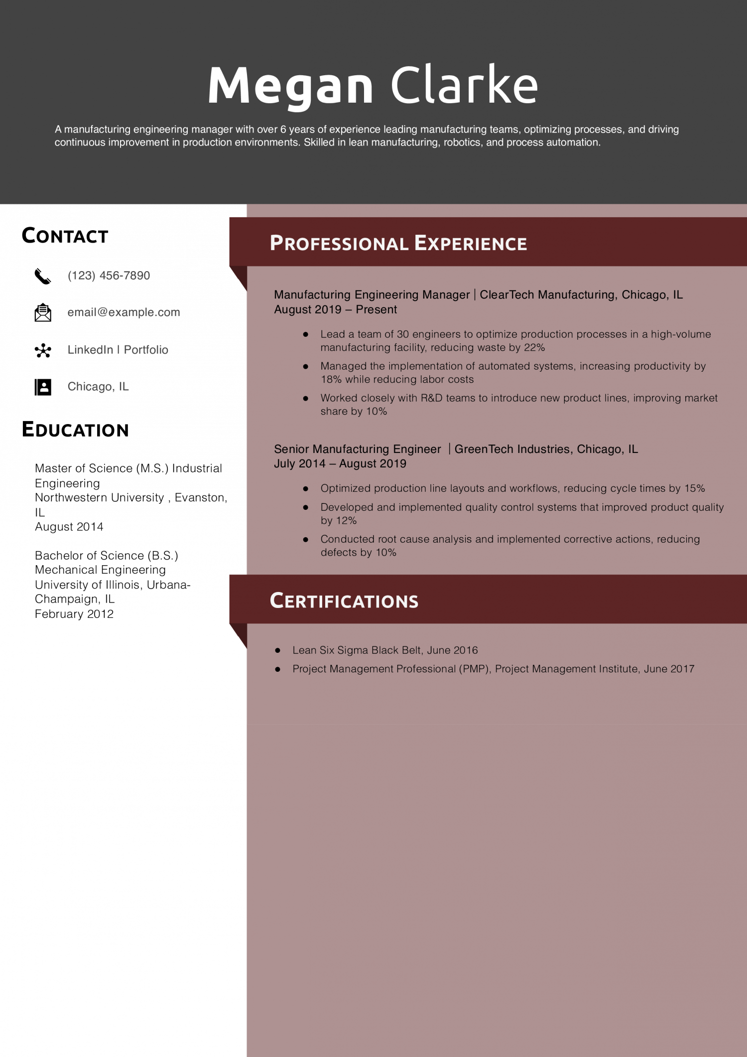 Lean Manufacturing Engineering Manager Resume Example