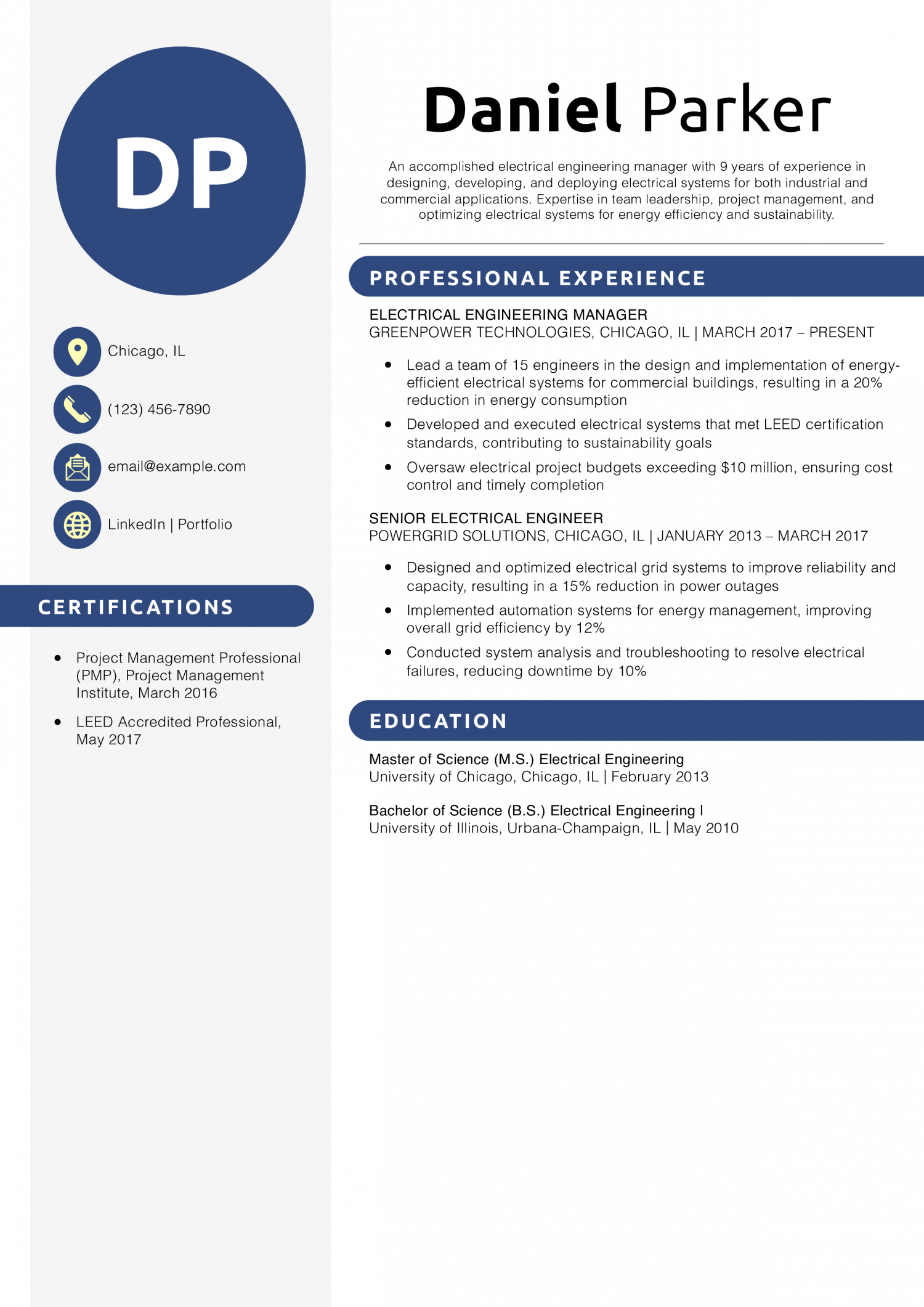 Energy Efficient Electrical Engineering Manager Resume Example