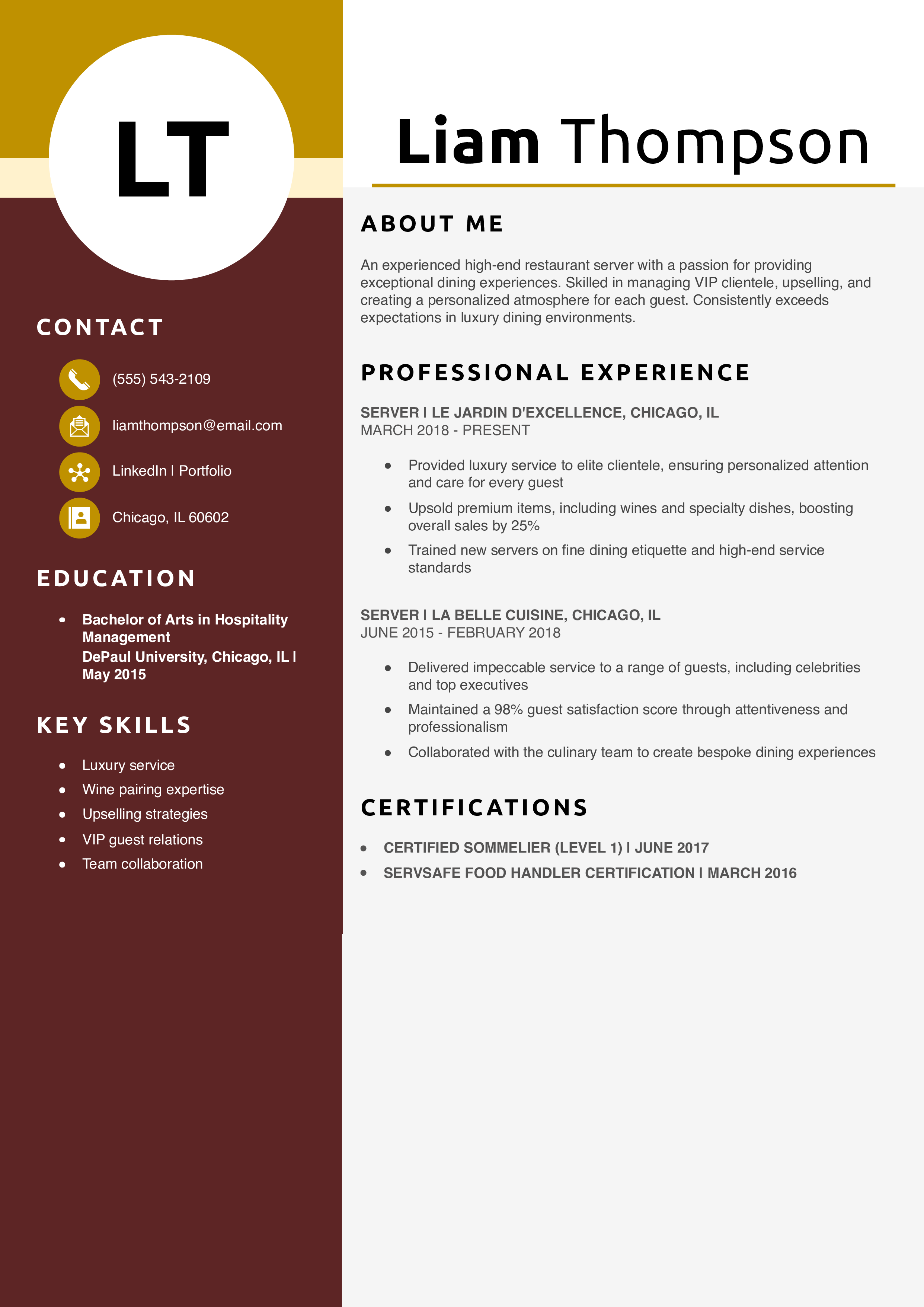 High-End Restaurant Server Resume Example