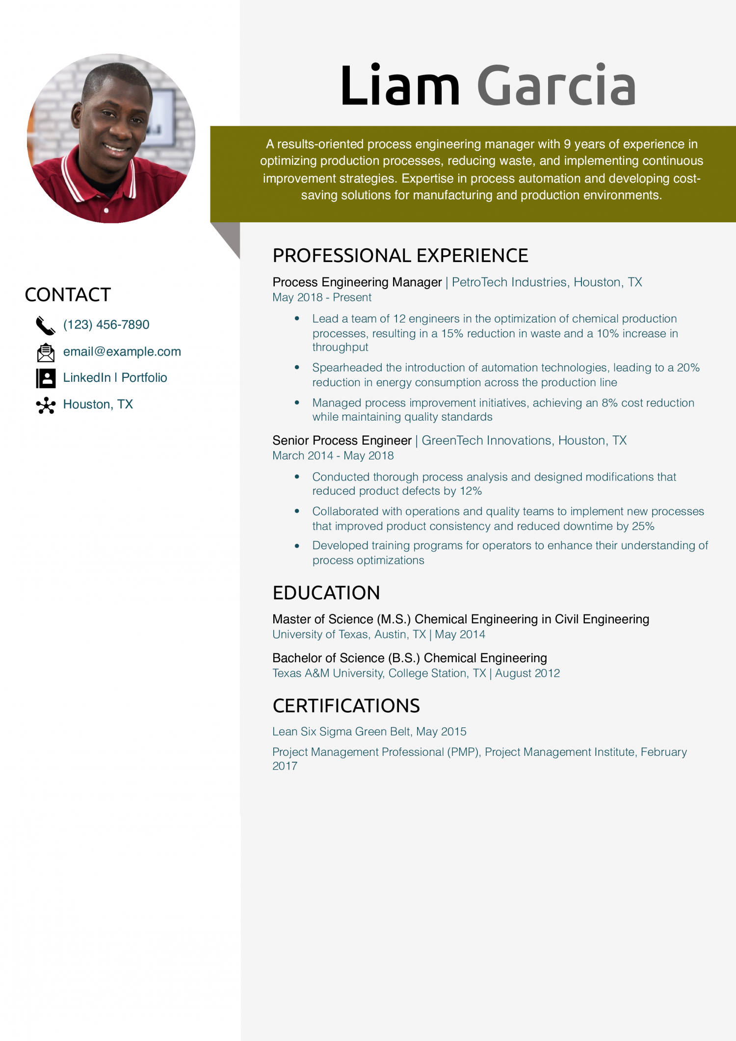 Process Engineering Manager Resume Example