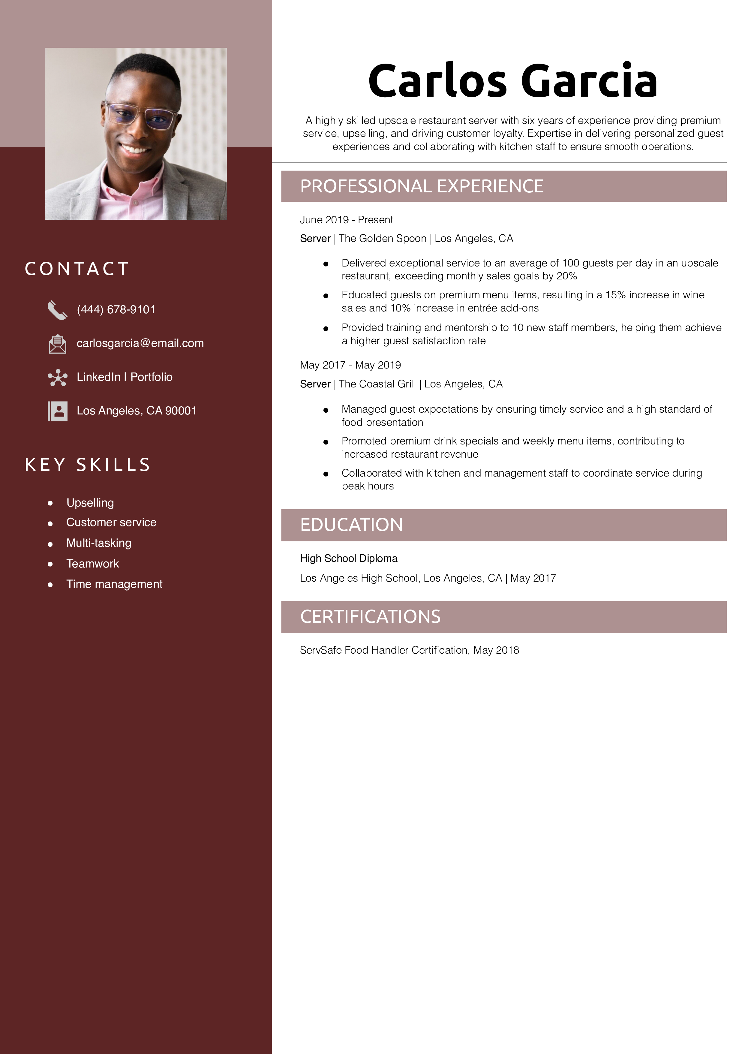 Upscale Restaurant Server Resume Example