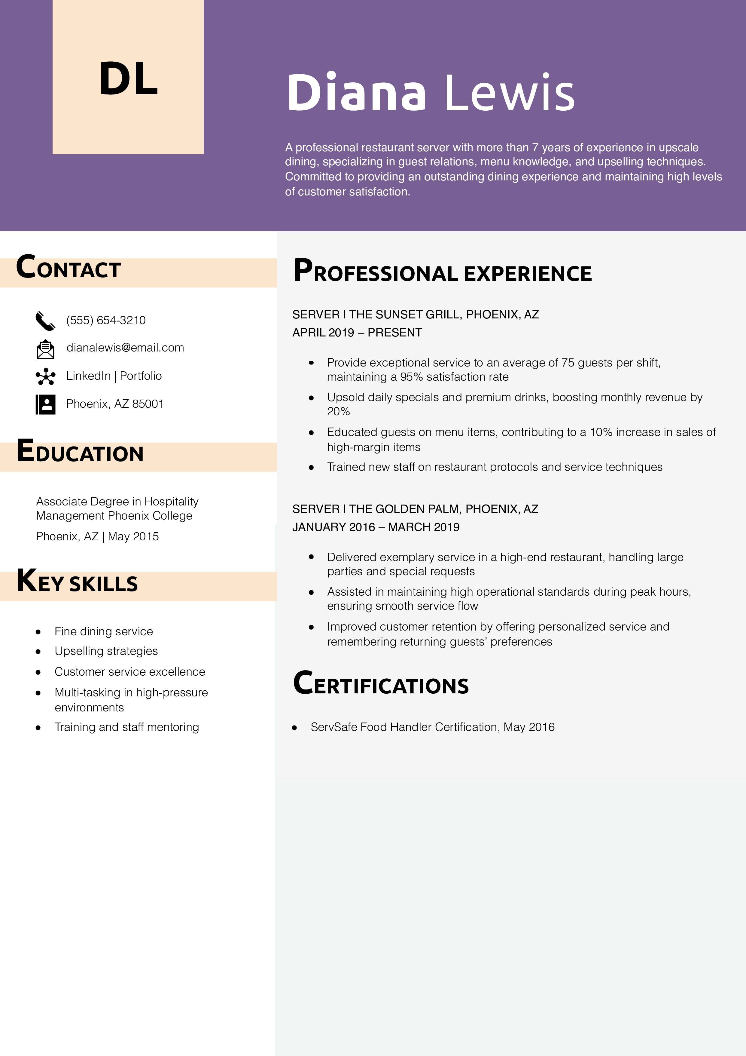 Professional Restaurant Server Resume Example