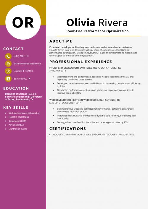 Front-End Performance Optimization Resume Example