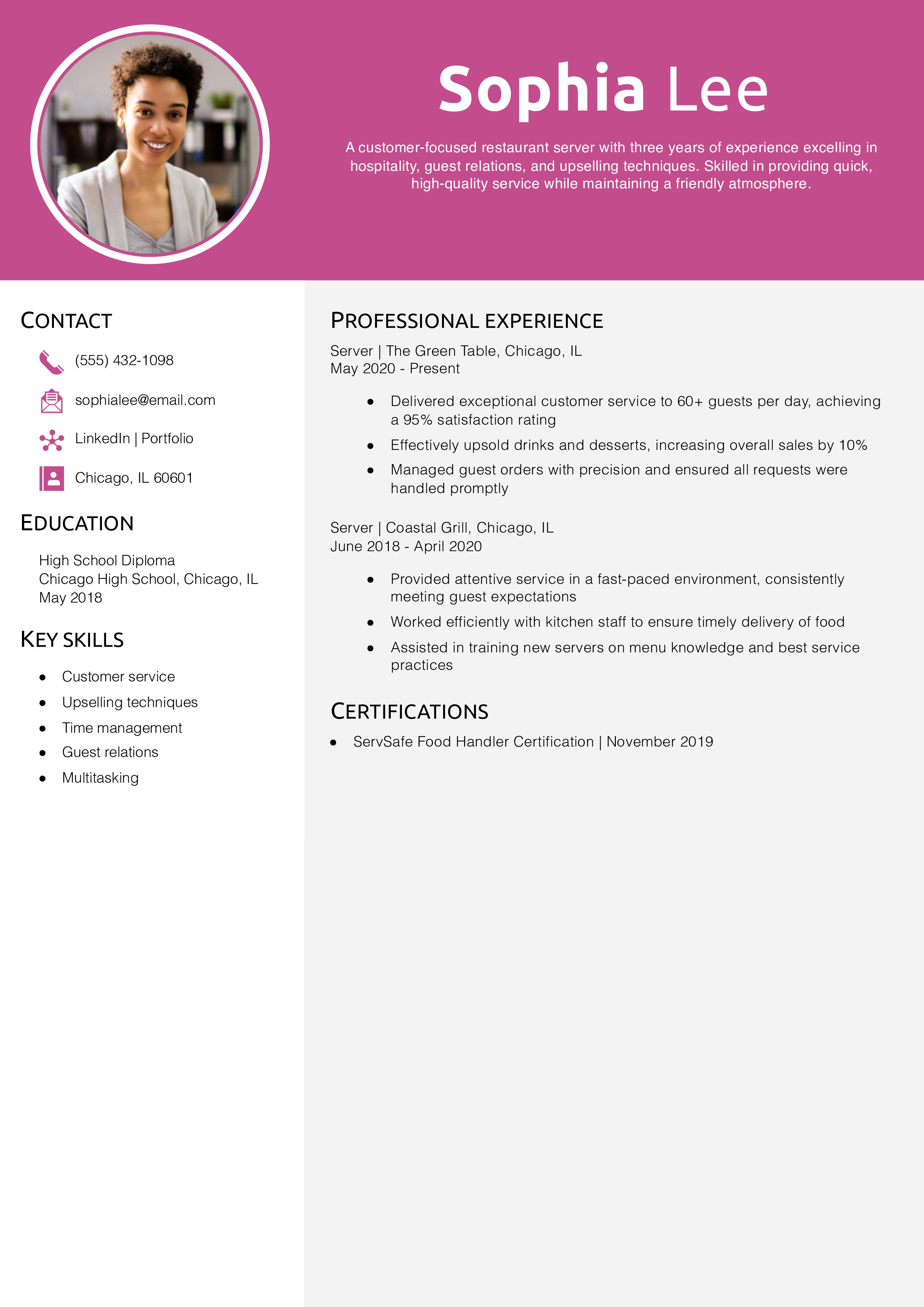 Restaurant Server Skills for Resume Example