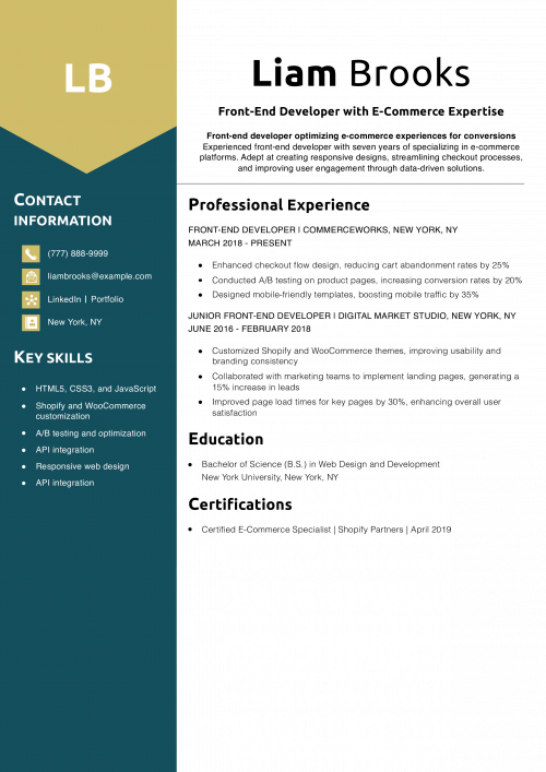 Front-End Developer with E-Commerce Expertise Resume Example