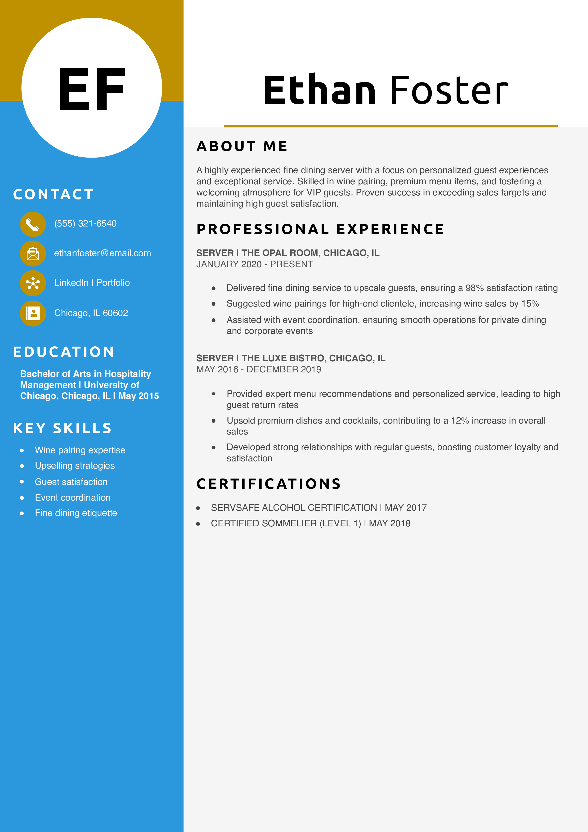 Fine Dining Restaurant Server Resume Example