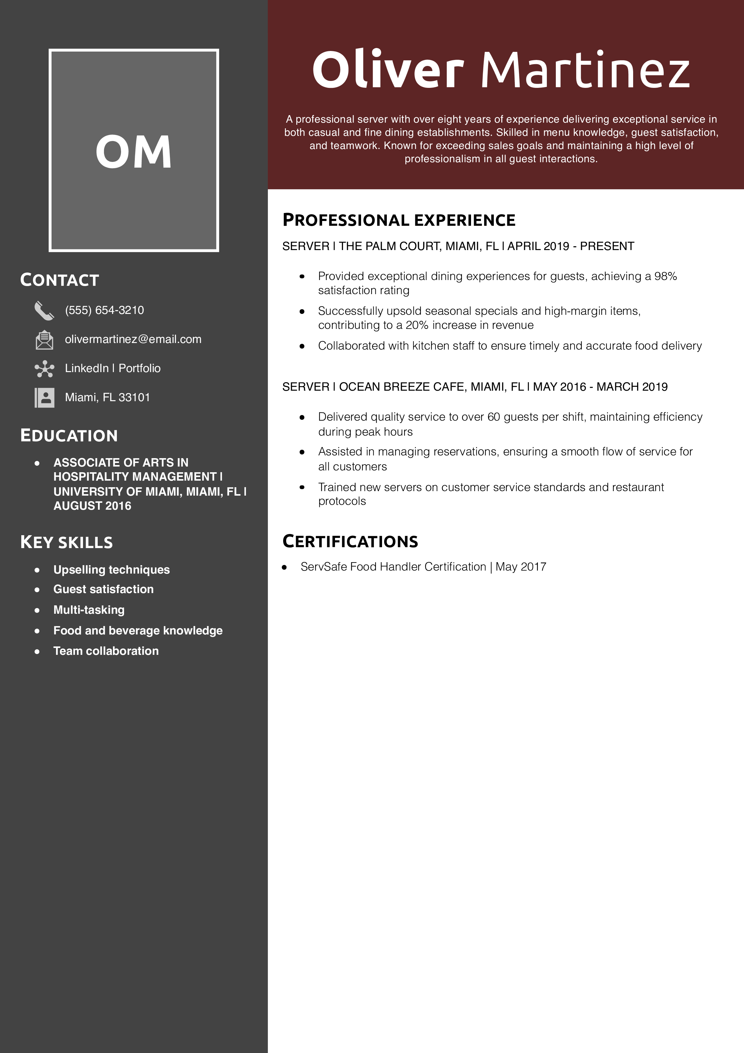 Professional Restaurant Server Resume Example