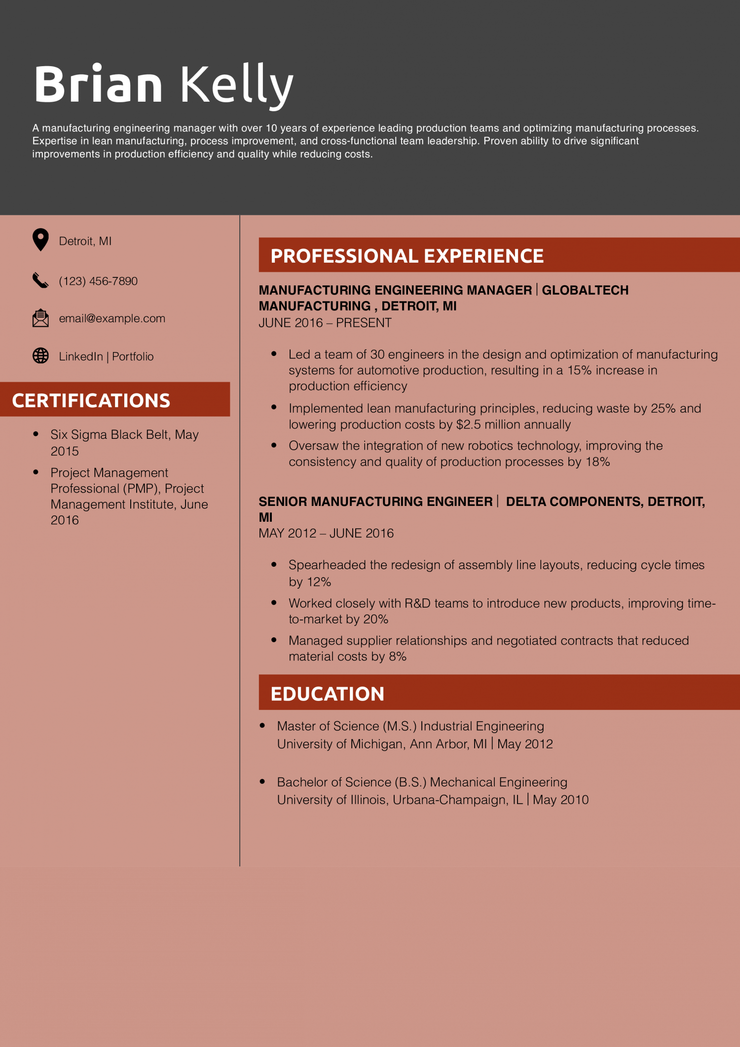 Automotive Manufacturing Engineering Manager Resume Example