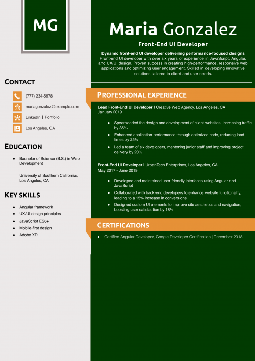 Front-End UI Developer Resume Example