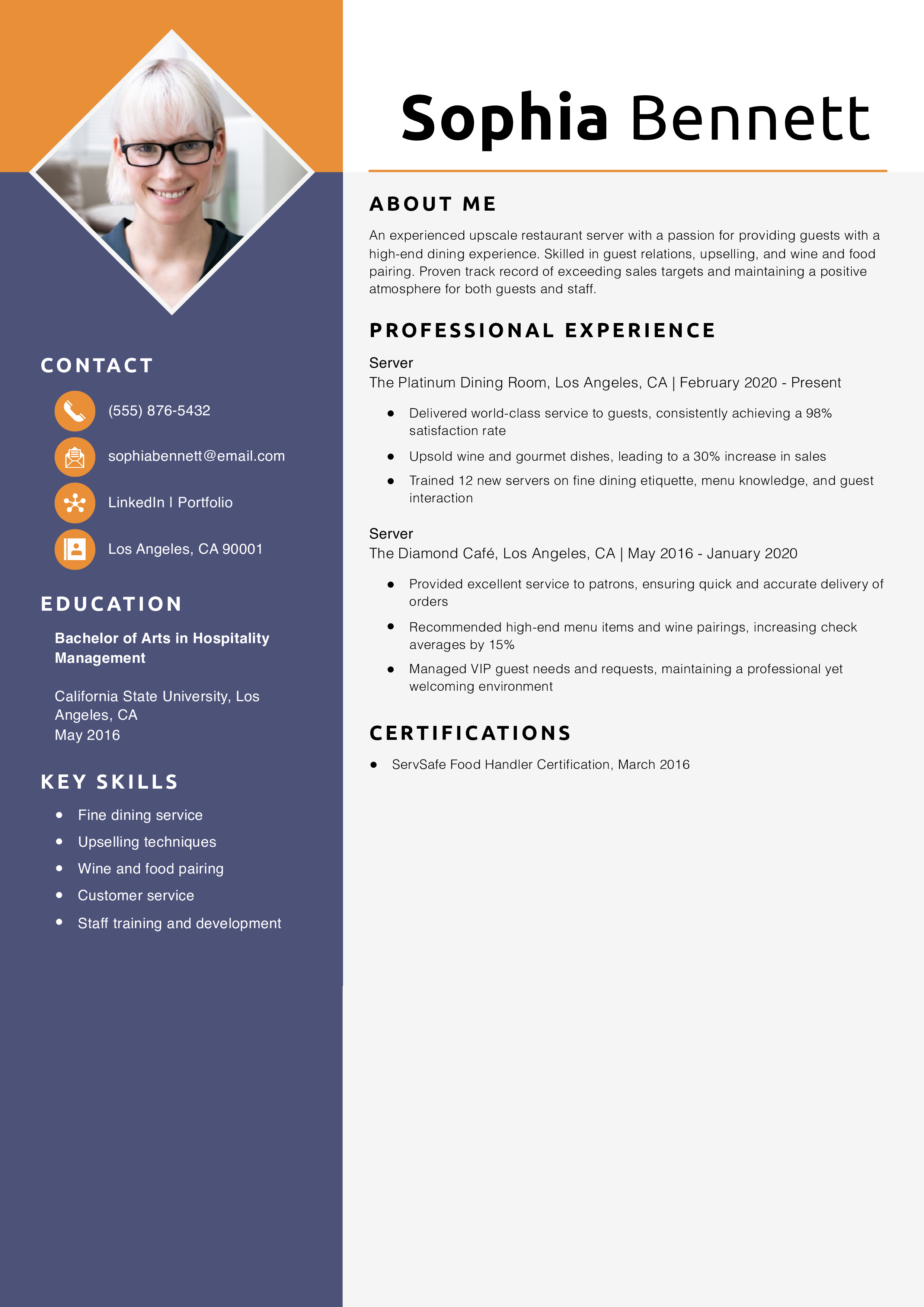 Upscale Restaurant Server Resume Example