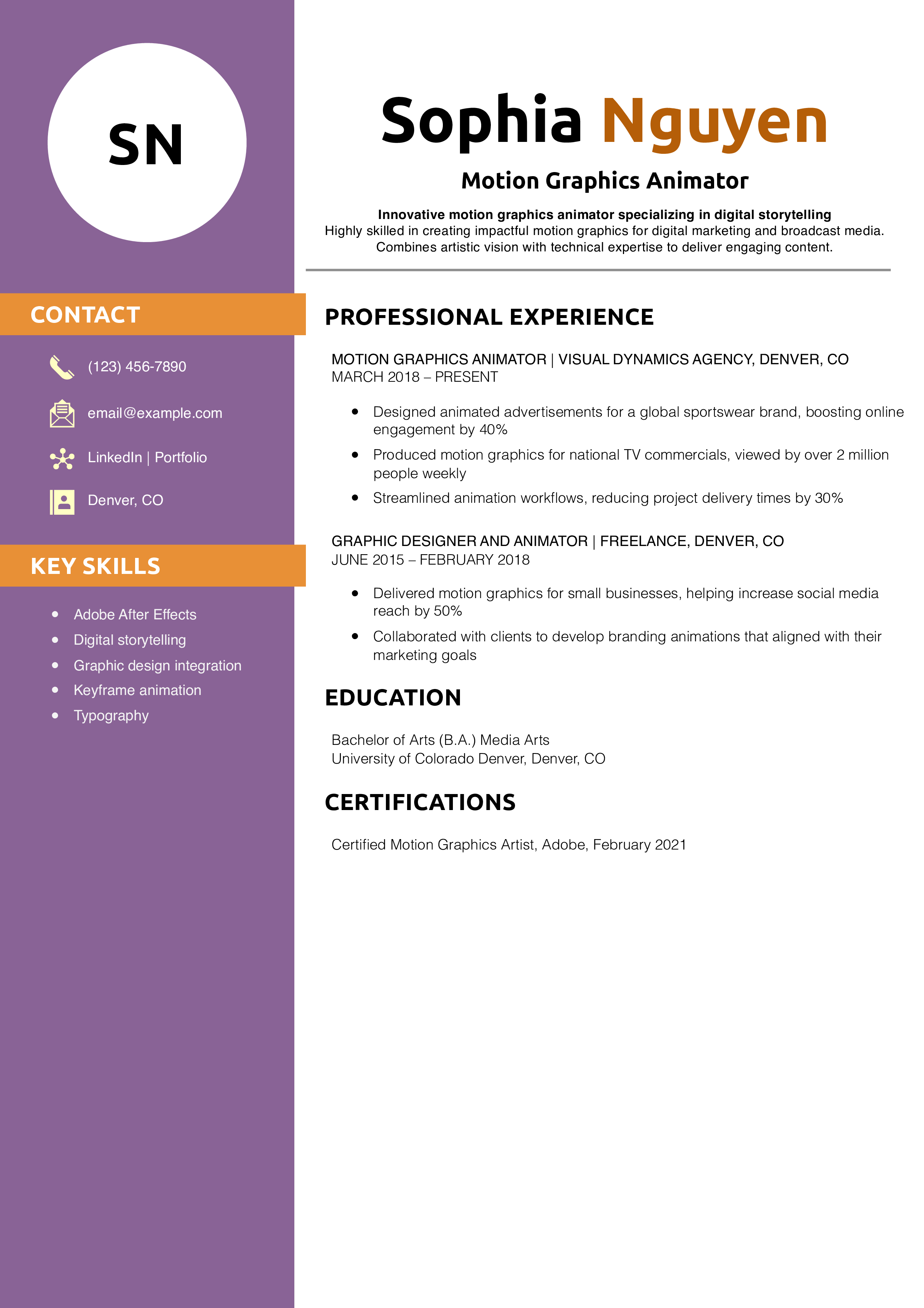 Motion Graphics Animator Resume Example