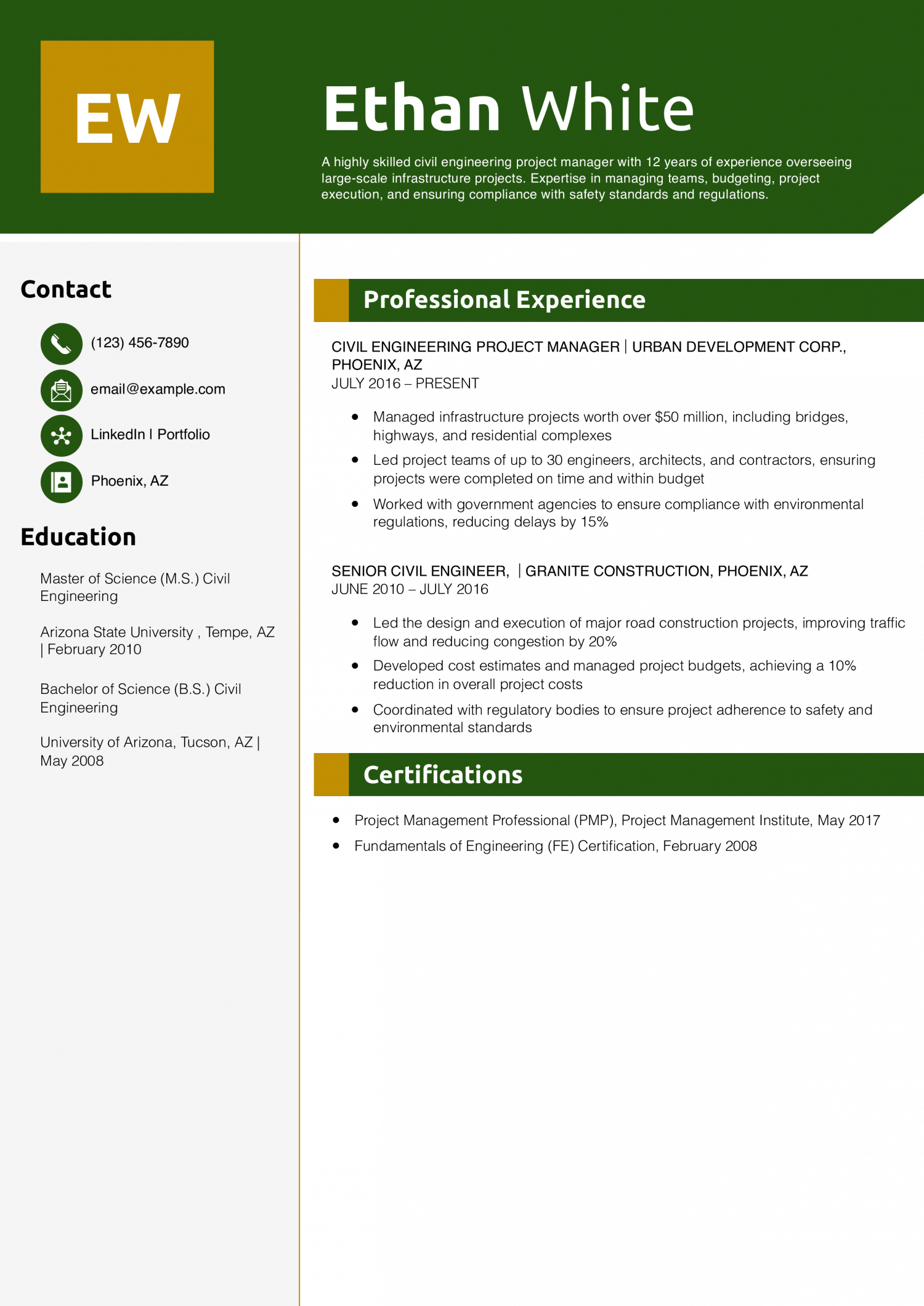 Civil Engineering Project Manager Resume Example