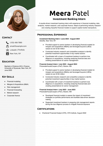 Investment Banking Intern Resume Example