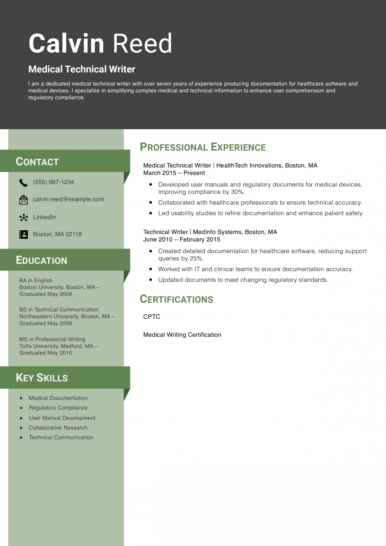Medical Technical Writer Resume Example