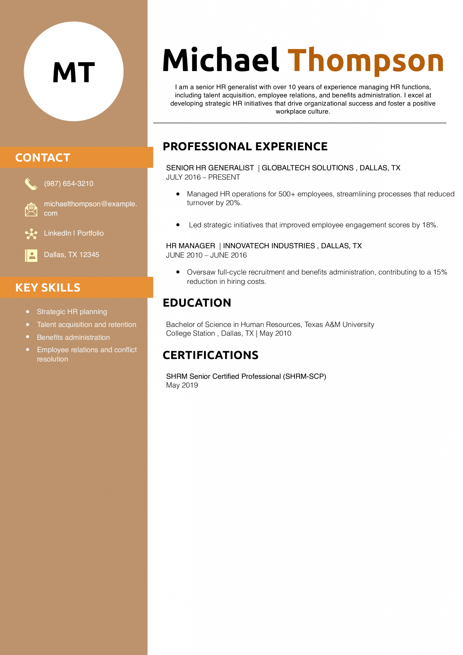 Senior HR Generalist Resume Example