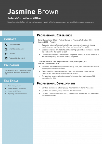 Federal Correctional Officer Resume Example