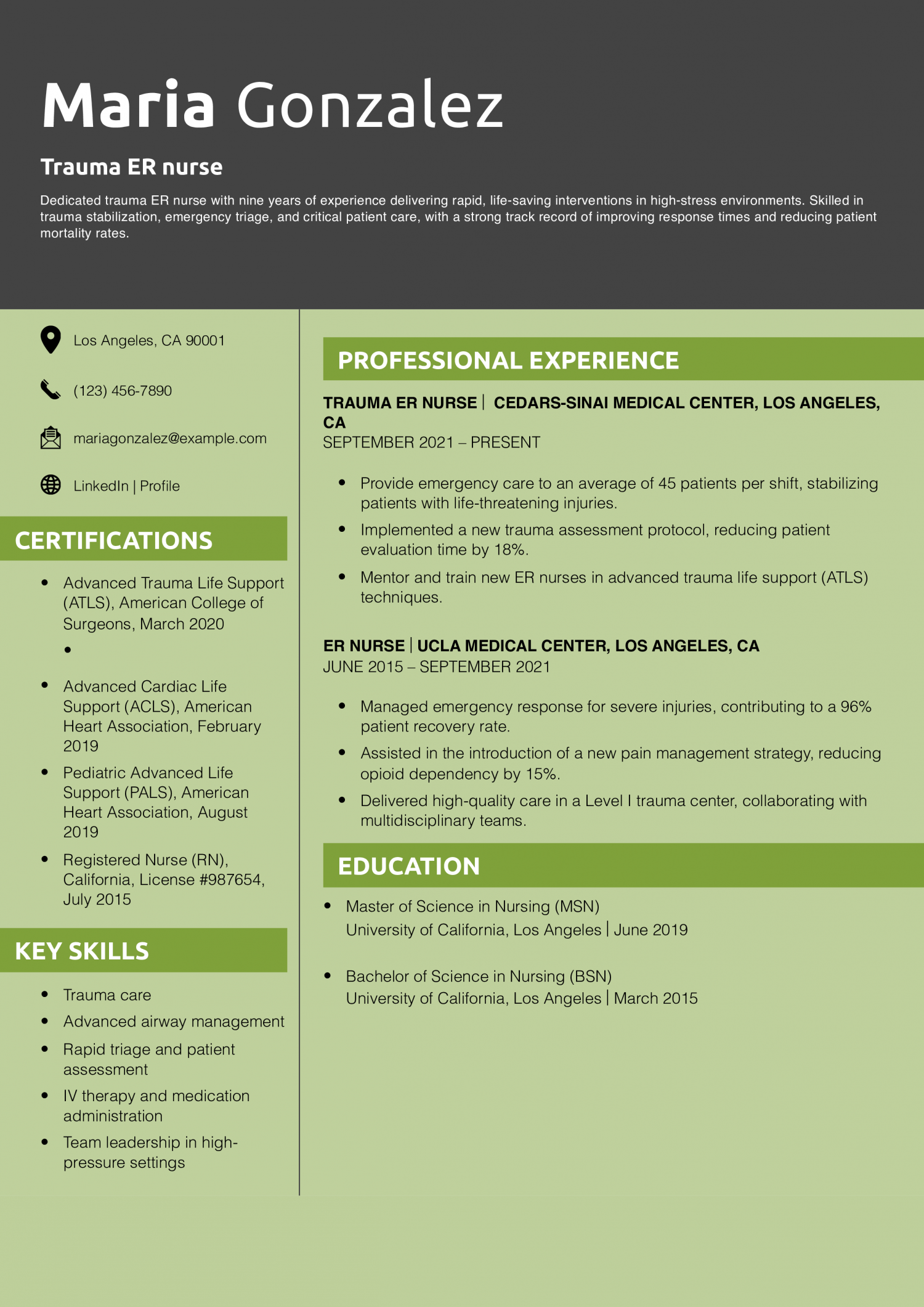 Trauma ER Nurse Resume Example