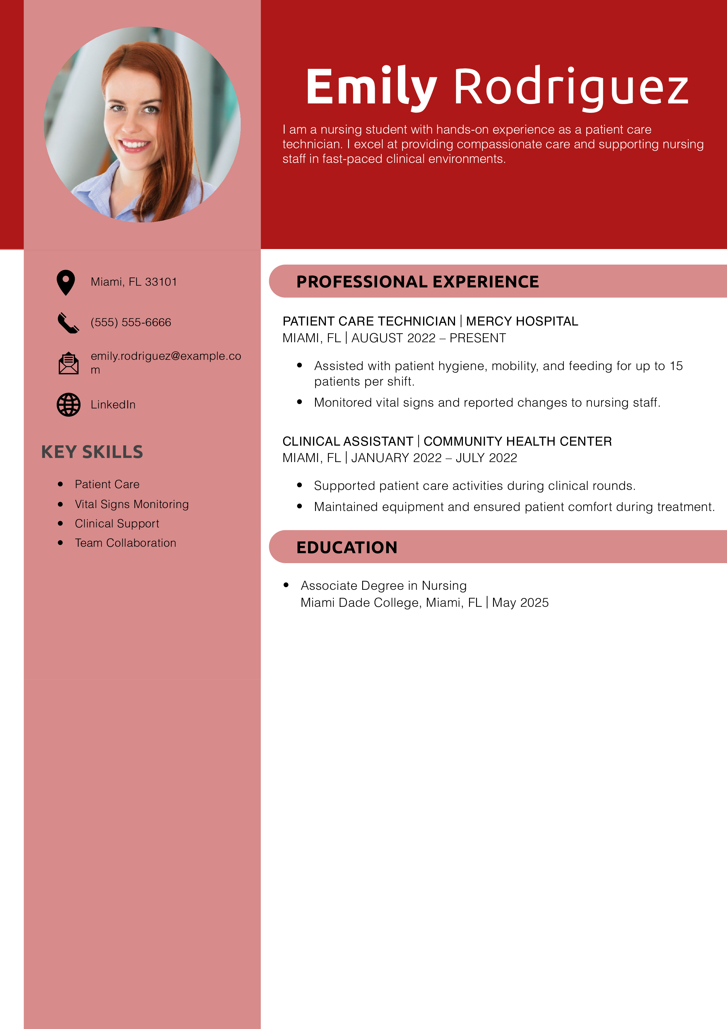 Patient Care Technician Resume Nursing Student Example