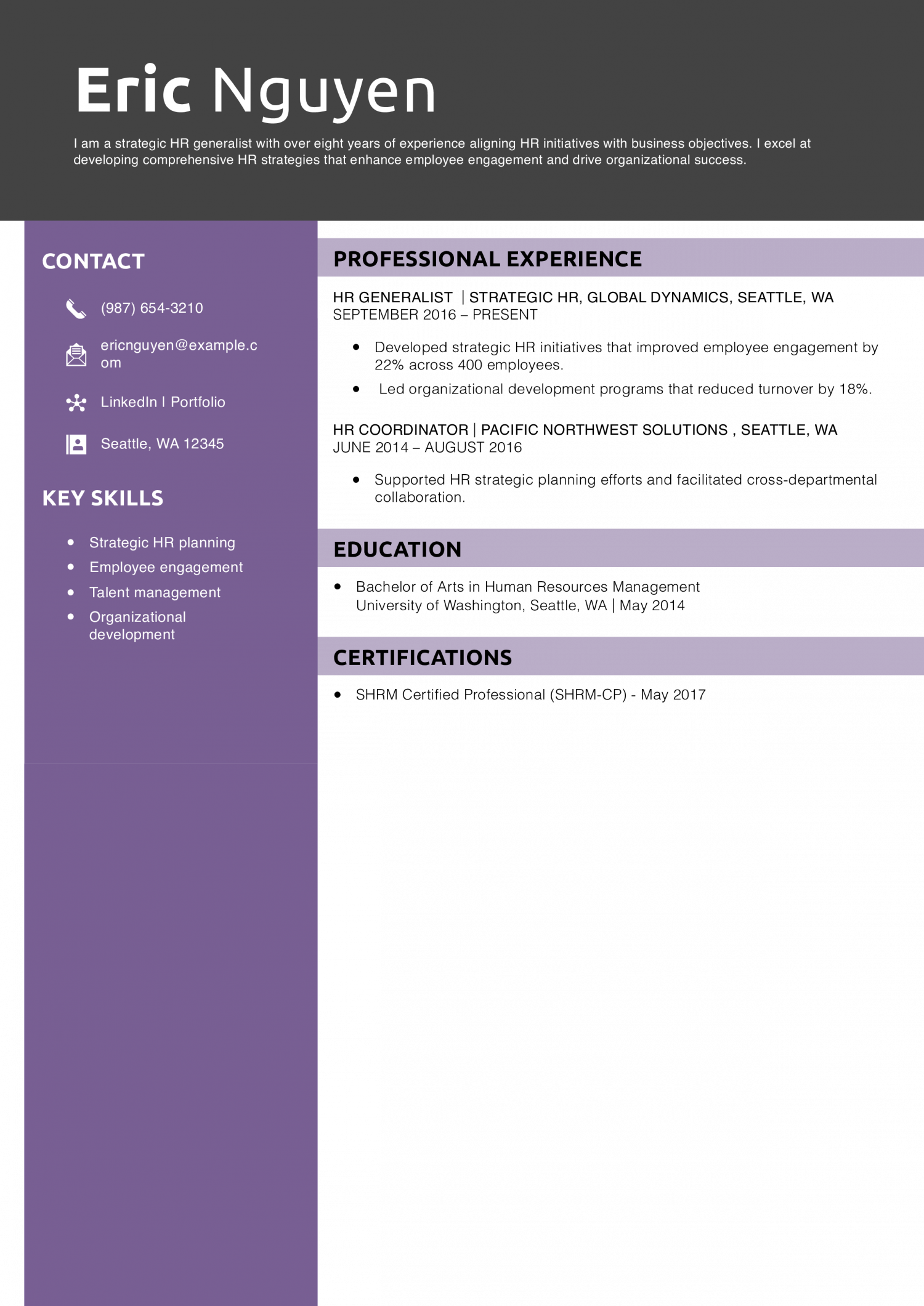 HR Generalist Strategic HR Resume Example