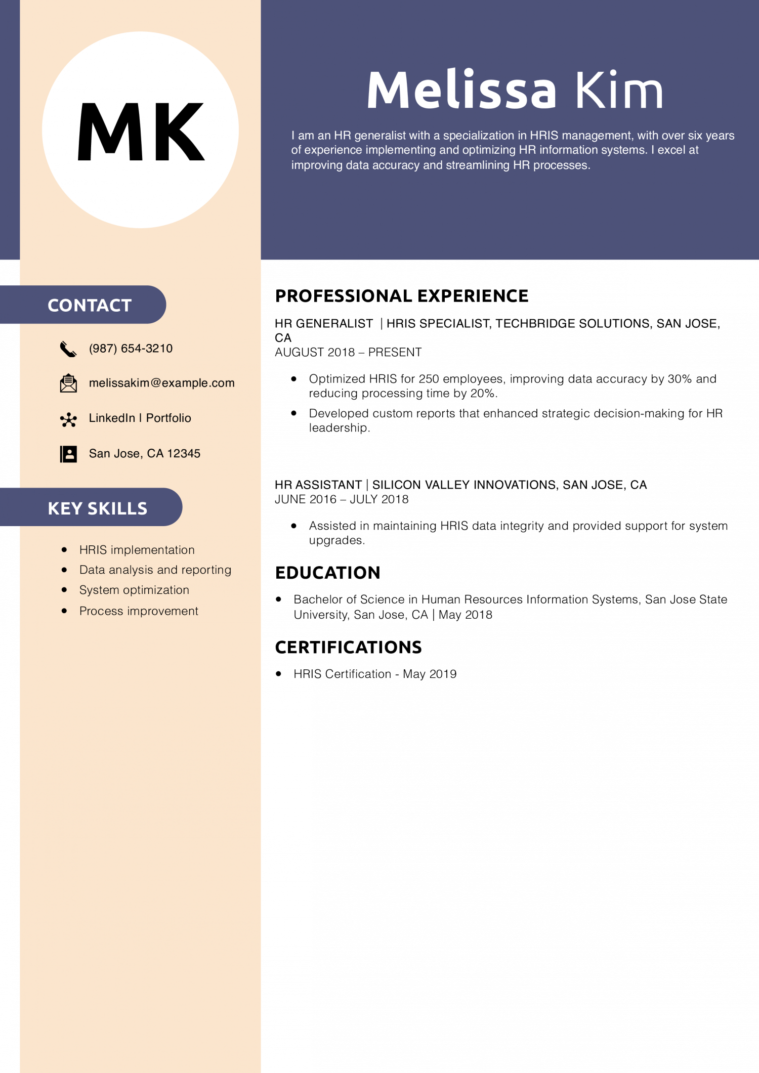 HR Generalist HRIS Specialist Resume Example