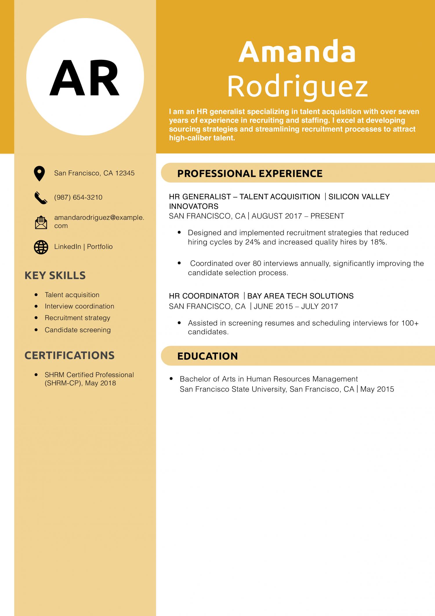 HR Generalist Talent Acquisition Resume Example