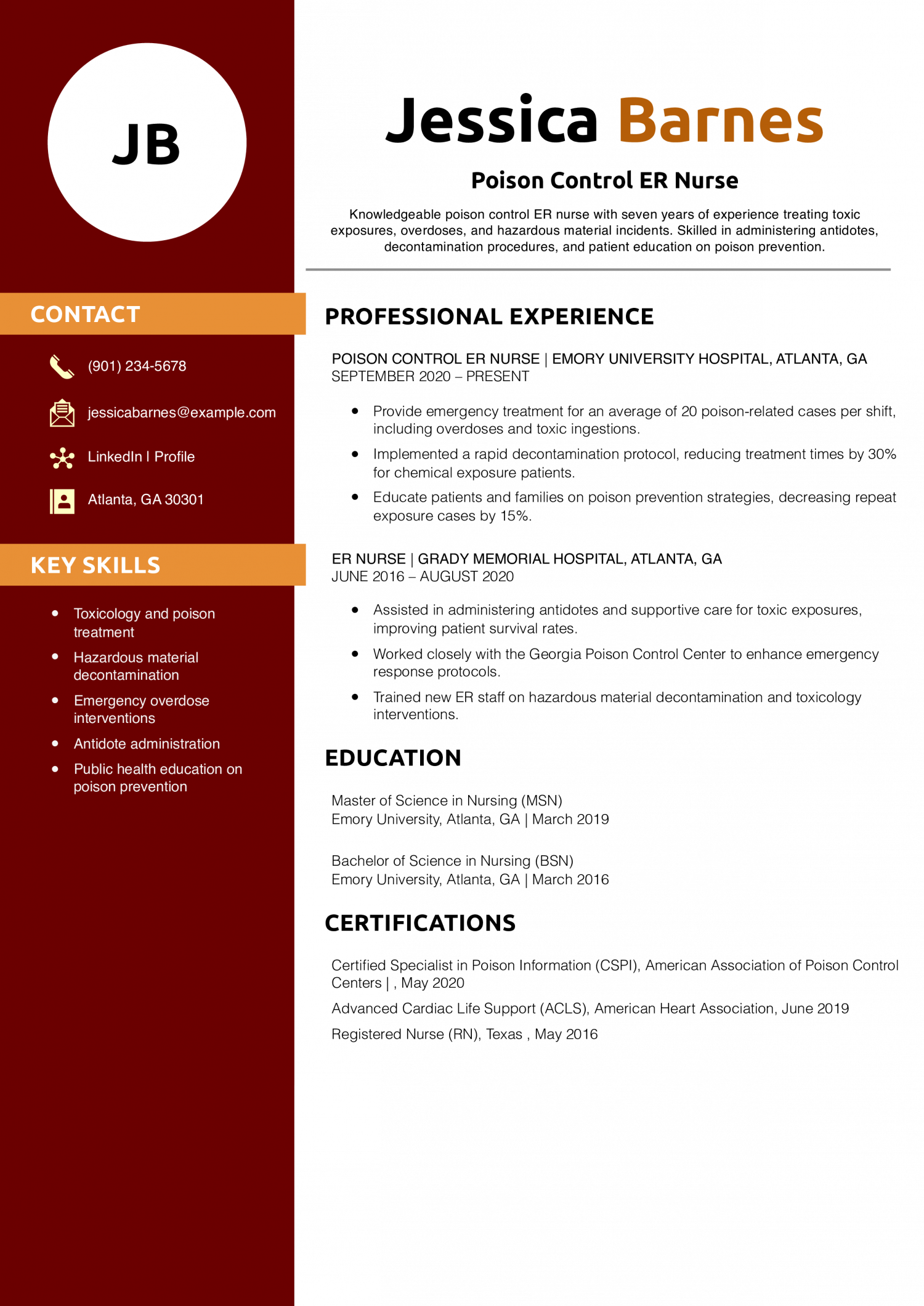 Poison Control ER Nurse Resume Example