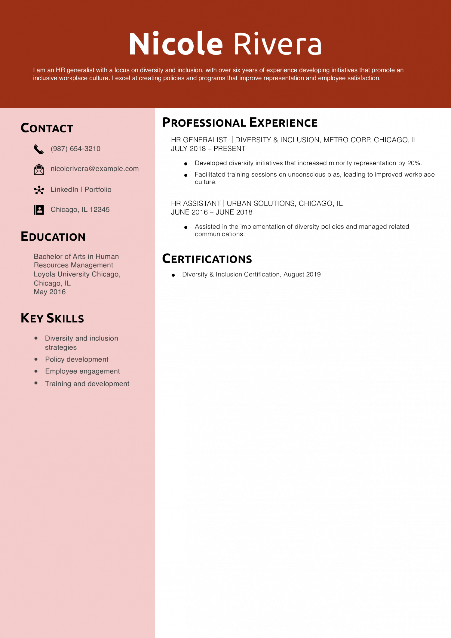 HR Generalist Diversity & Inclusion Resume Example